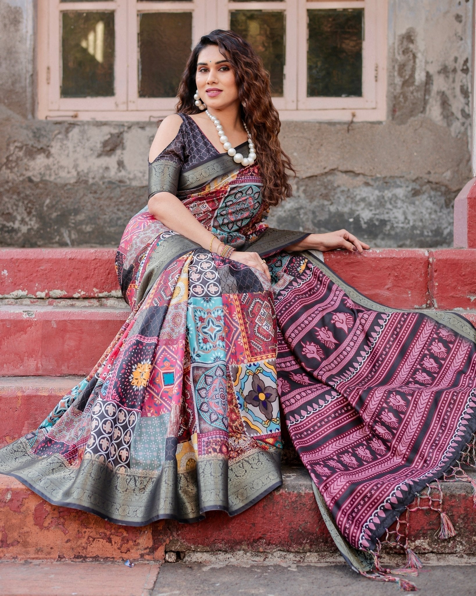 Pure Silk Digitally Printed Saree Weaved With Golden Zari Comes With Tassels - Fashion Dream Studio