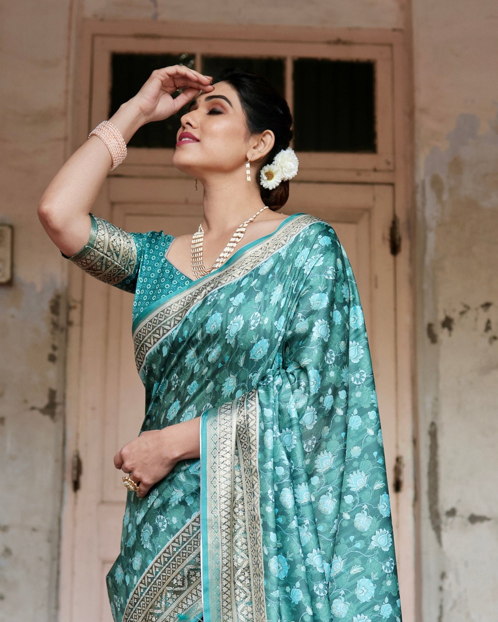 Teal Green Floral Pure Silk Digital Print Saree with Silver Border and Tassels - Fashion Dream Studio