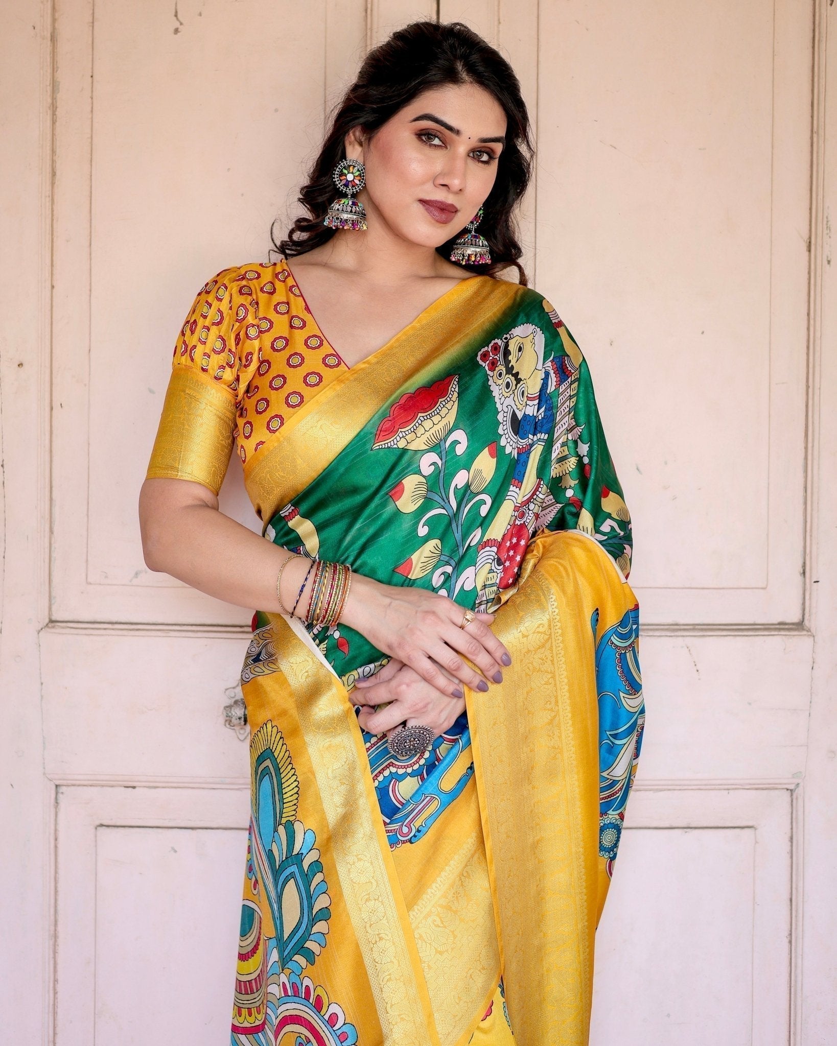 Pure Silk Digitally Printed Saree with Golden Zari and Tassels - Fashion Dream Studio