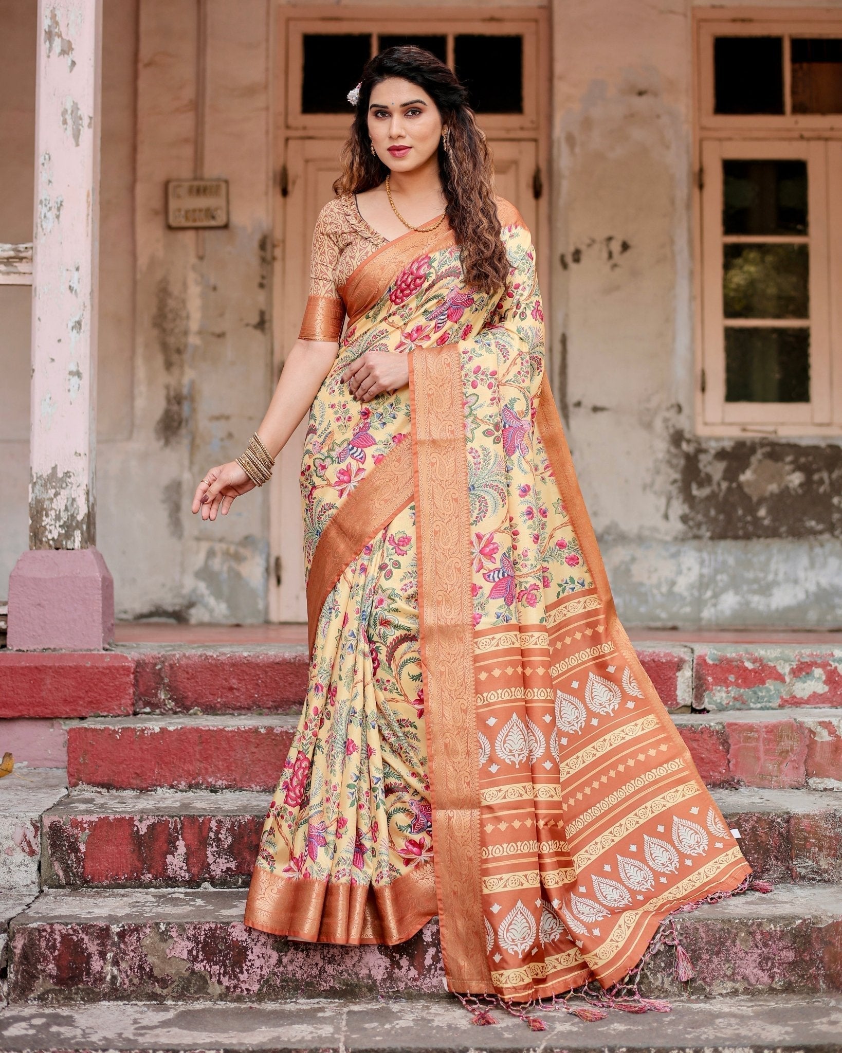 Pure Silk Digitally Printed Saree Weaved With Golden Zari Comes With Tassels - Fashion Dream Studio