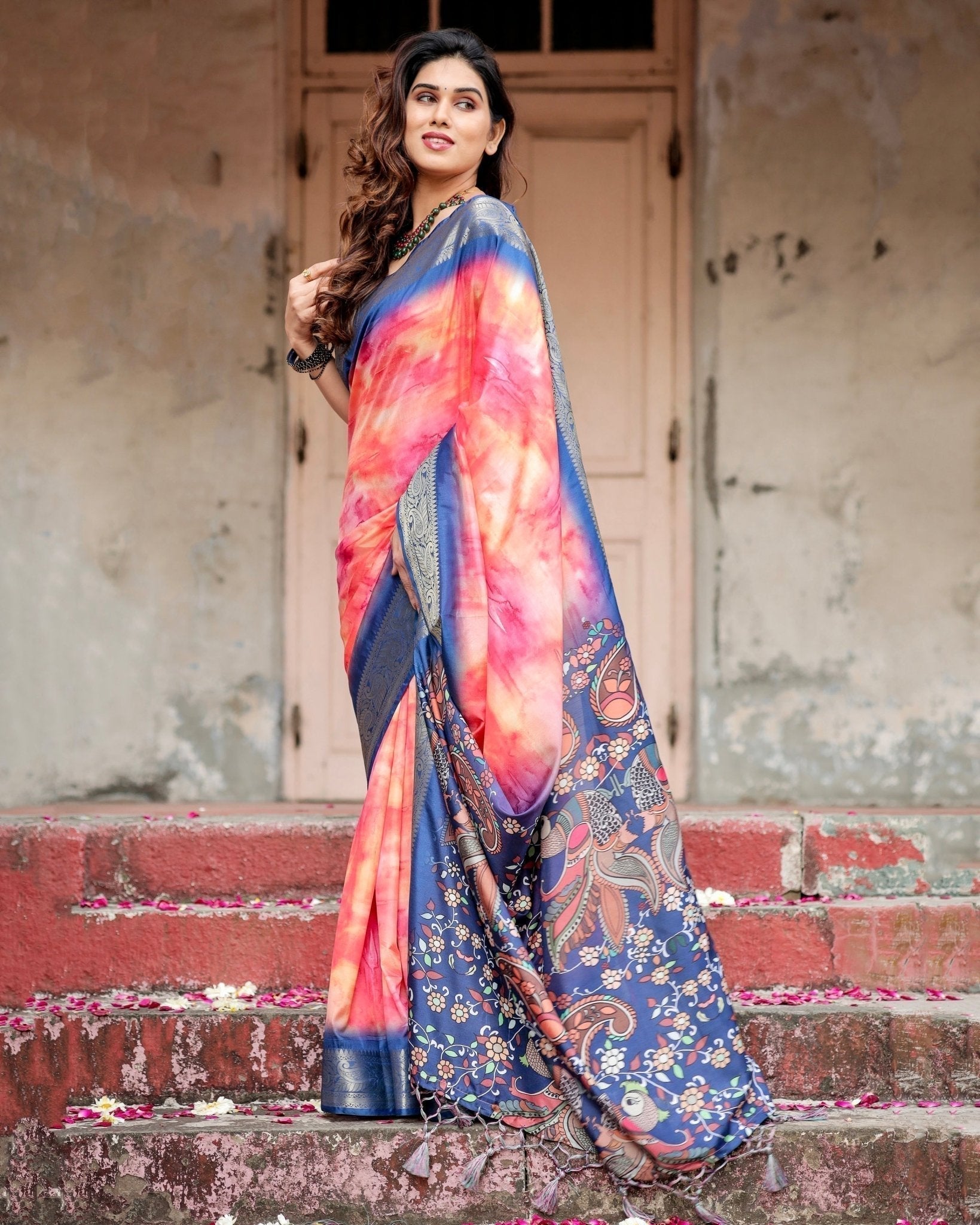 Pure Silk Digitally Printed Saree Weaved With Golden Zari Comes With Tassels - Fashion Dream Studio