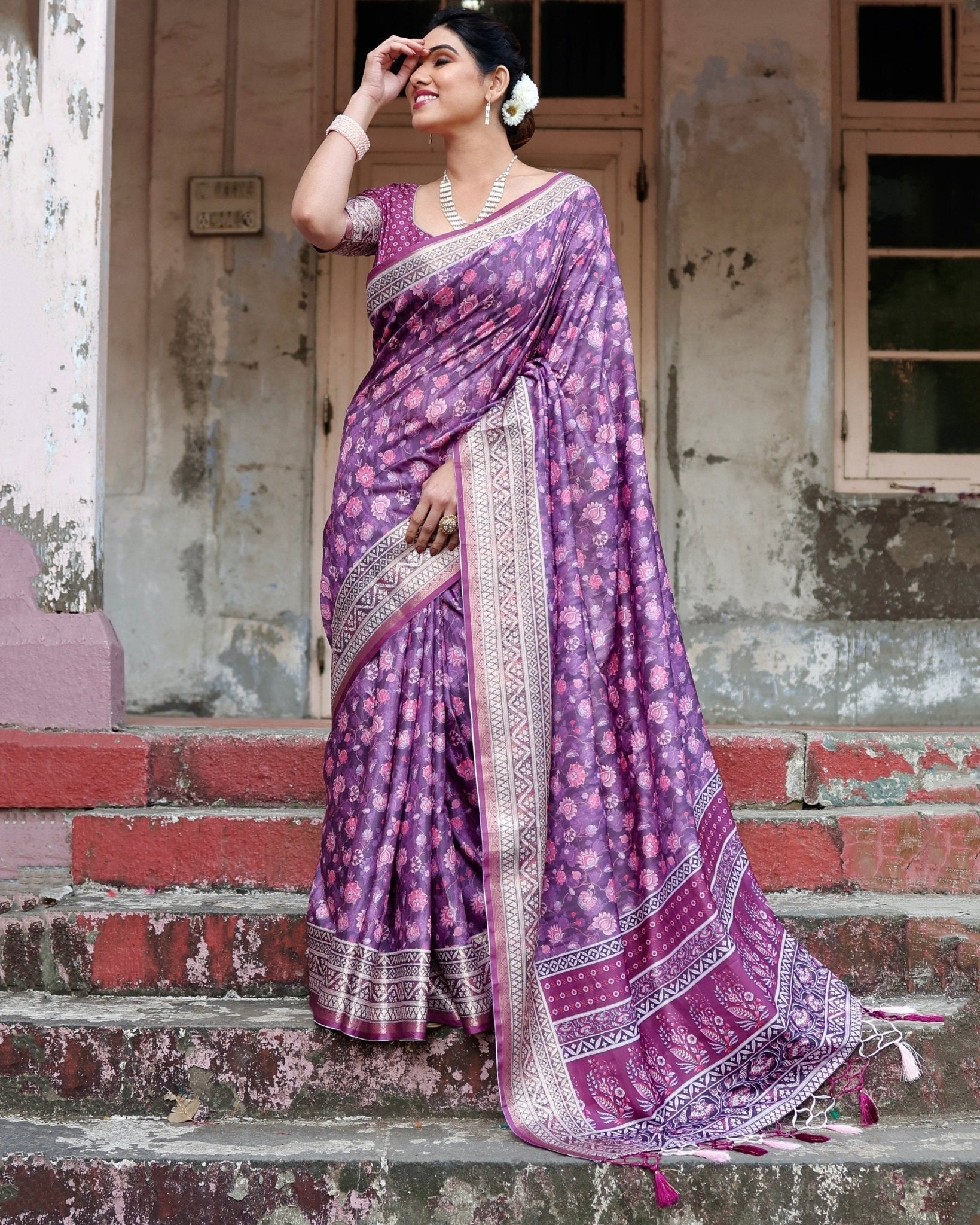 Purple Floral Pure Silk Digital Print Saree with Silver Border and Tassels - Fashion Dream Studio