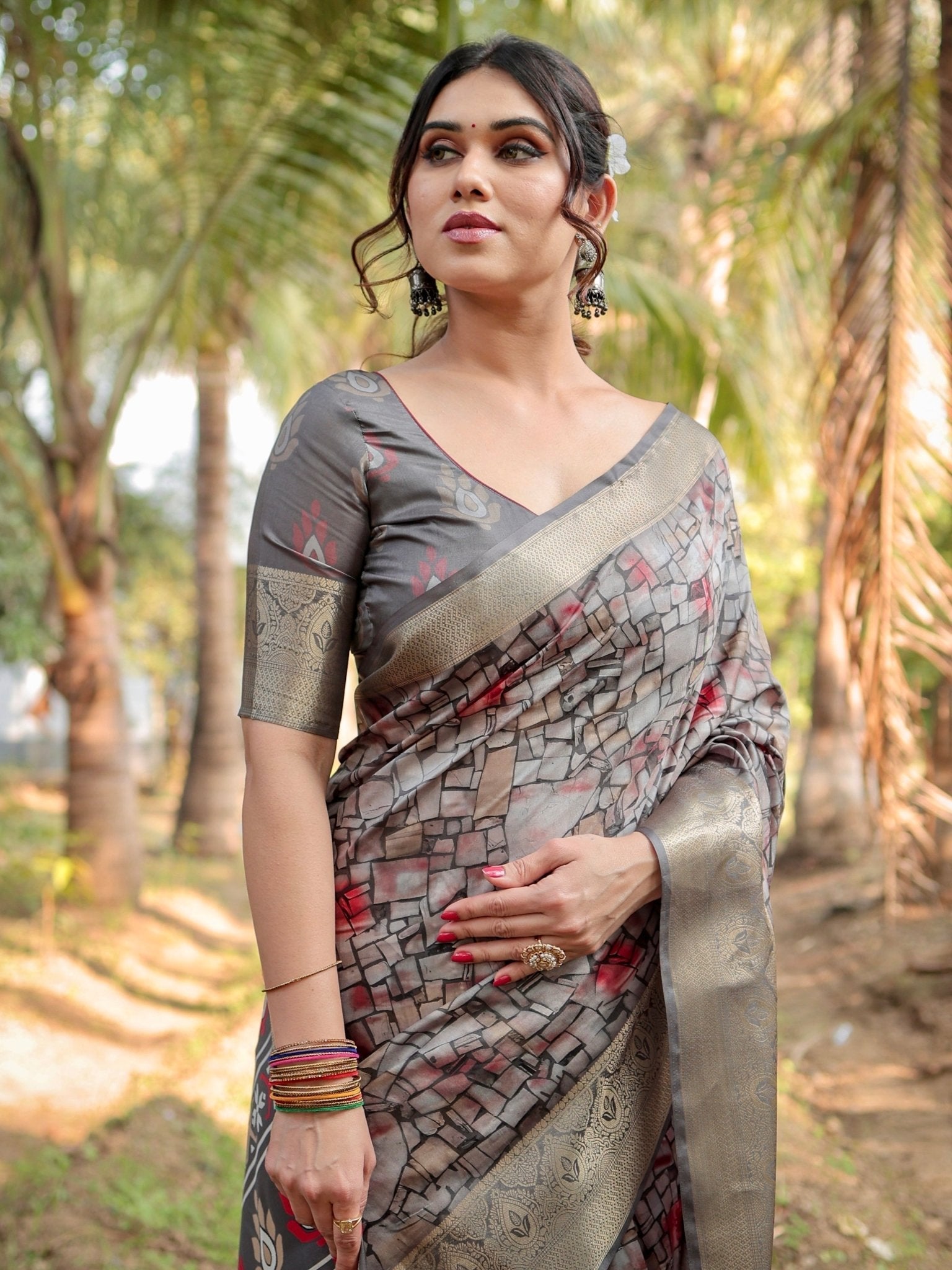 Pure Silk Digitally Printed Saree Weaved With Golden Zari Comes With Tassels - Fashion Dream Studio