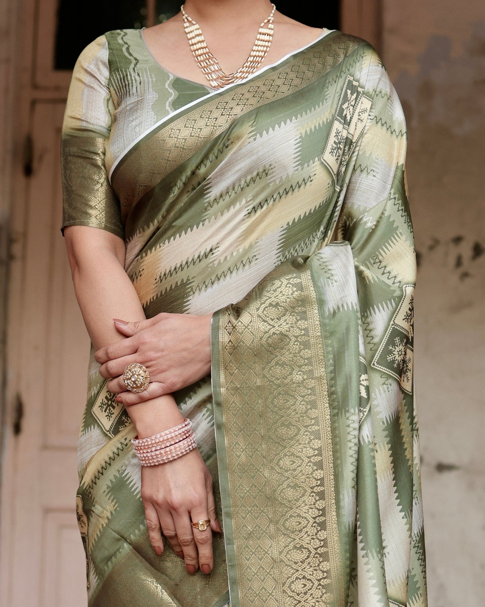 Olive Green Geometric Pure Silk Digital Print Saree with Gold Border and Tassels