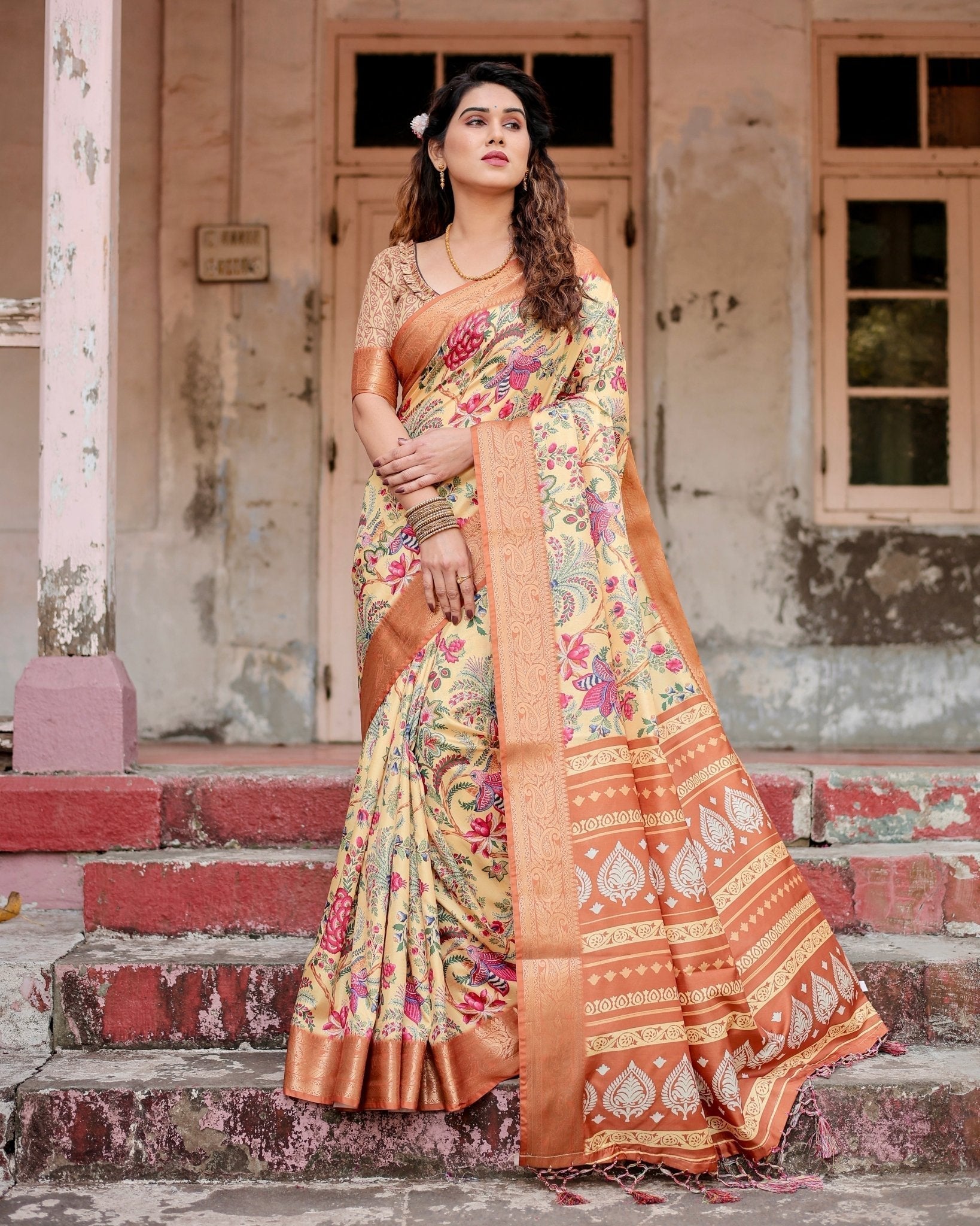 Pure Silk Digitally Printed Saree Weaved With Golden Zari Comes With Tassels - Fashion Dream Studio