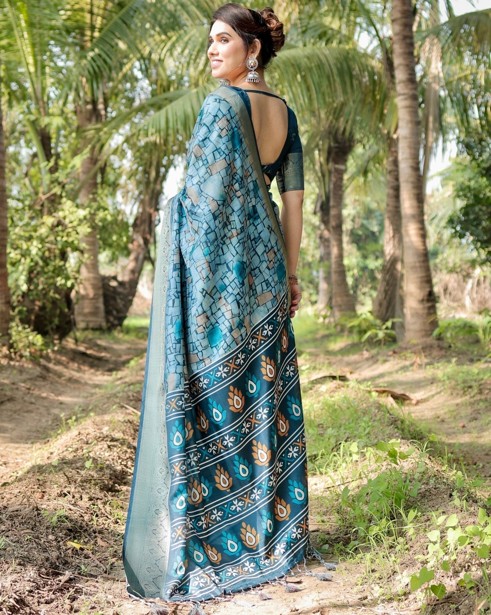 Pure Silk Digitally Printed Saree Weaved With Golden Zari Comes With Tassels