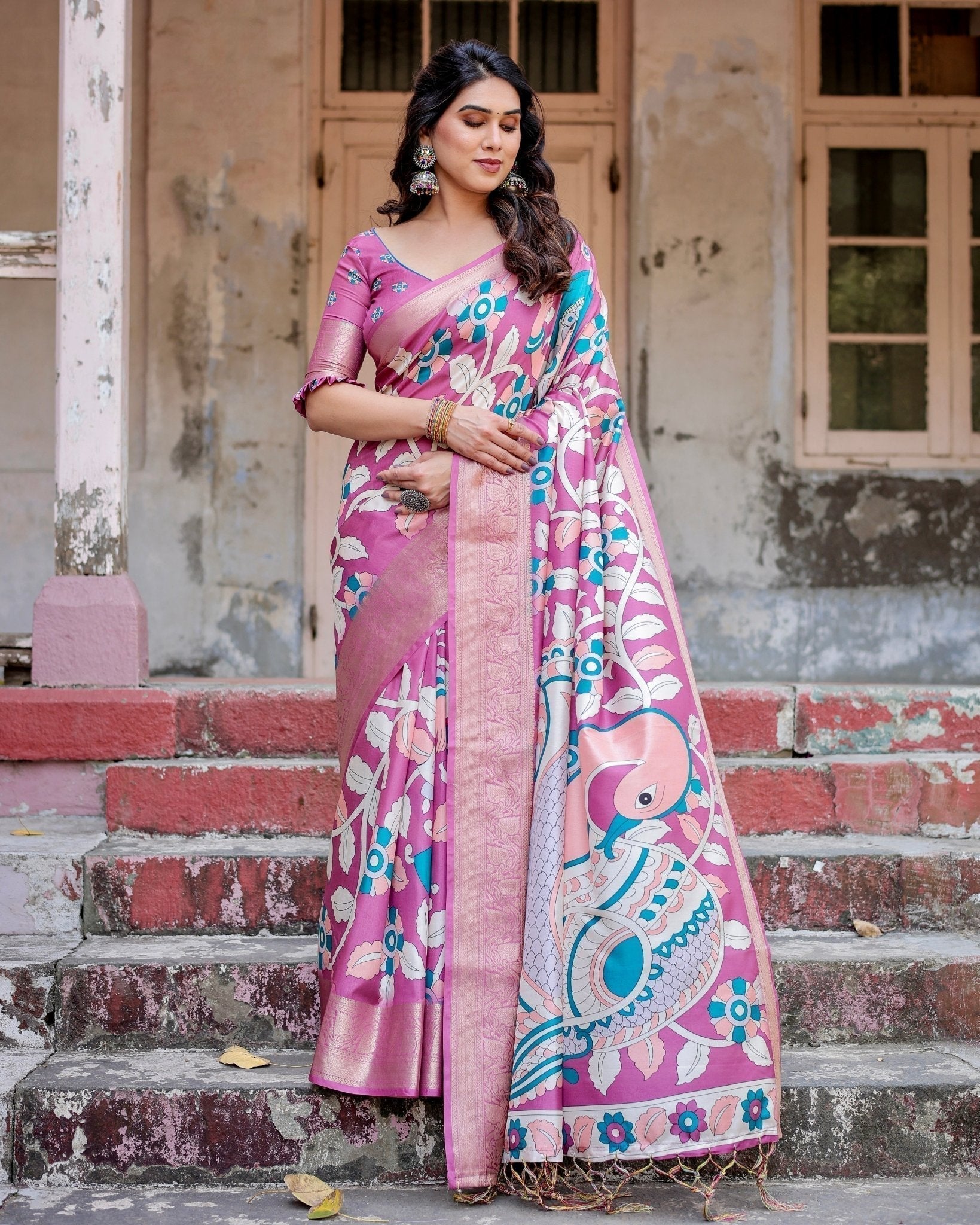 Pure Silk Digitally Printed Saree with Golden Zari and Tassels - Fashion Dream Studio