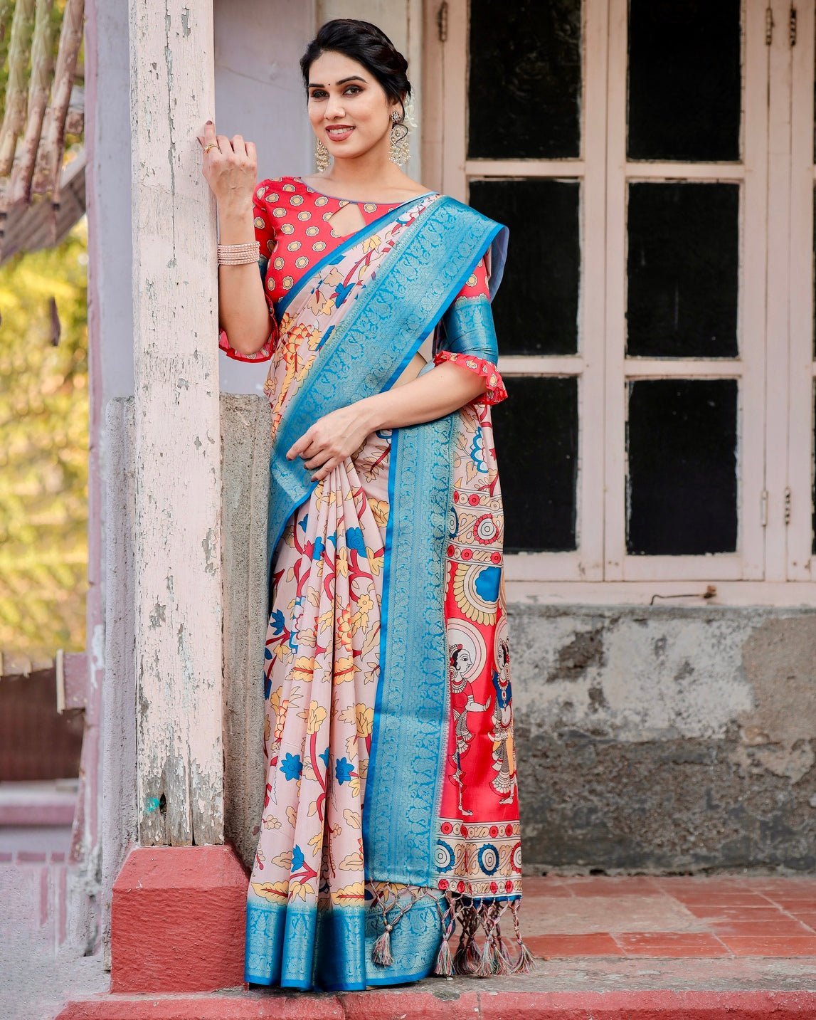 Pure Silk Digitally Printed Saree with Golden Zari and Tassels - Fashion Dream Studio