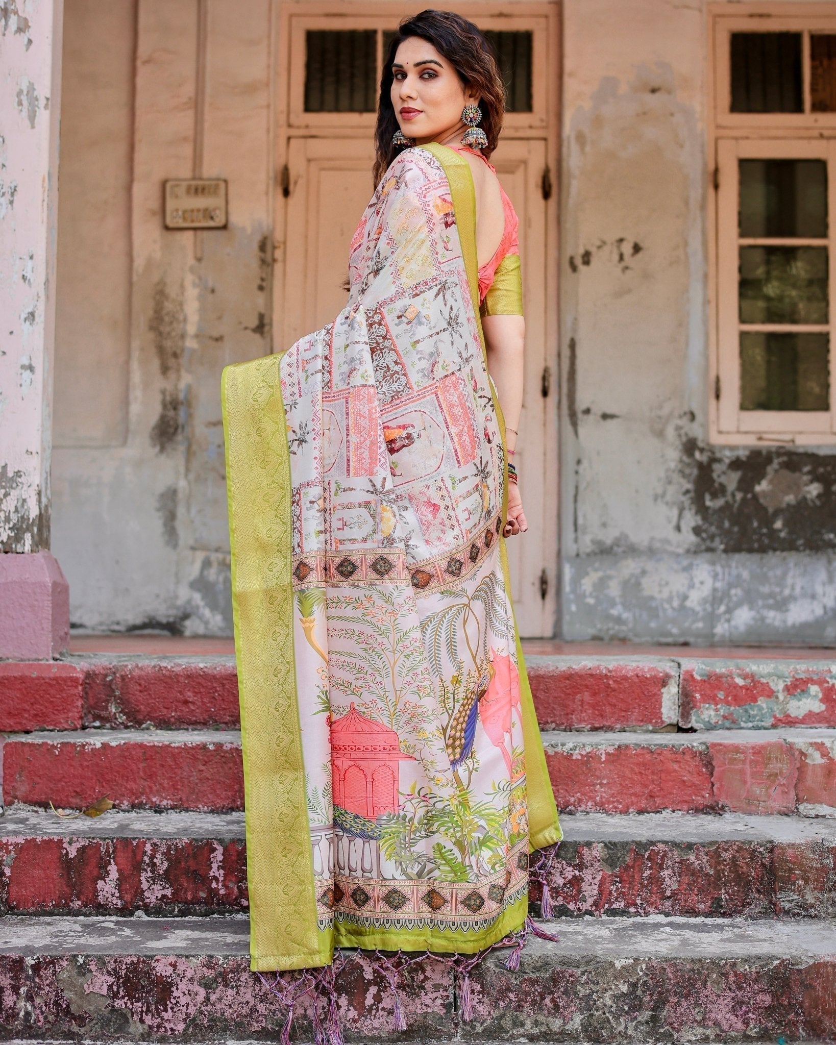 Pure Silk Digitally Printed Saree Weaved With Golden Zari Comes With Tassels - Fashion Dream Studio