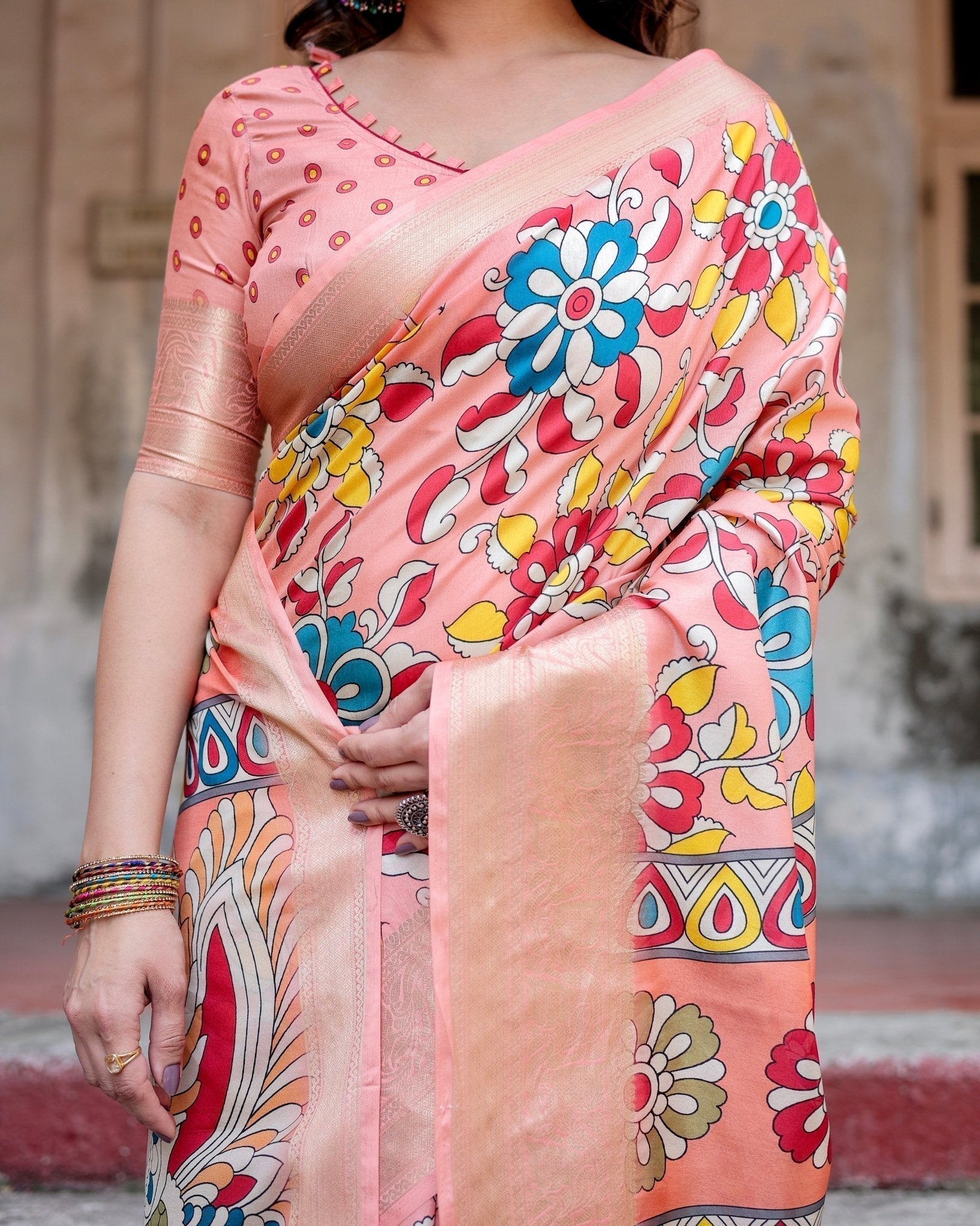 Pure Silk Digitally Printed Saree with Golden Zari and Tassels - Fashion Dream Studio