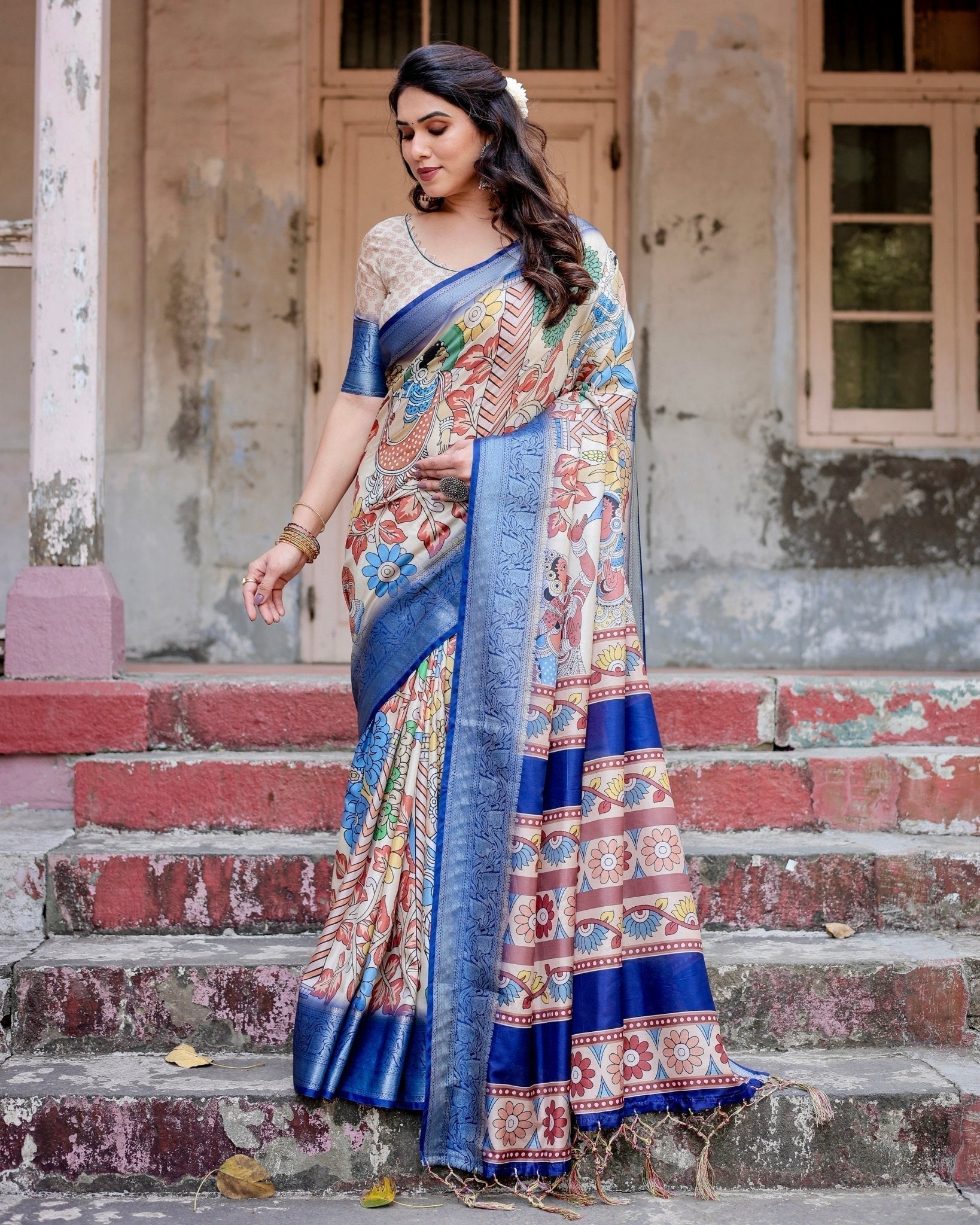 Pure Silk Digitally Printed Saree with Golden Zari and Tassels - Fashion Dream Studio