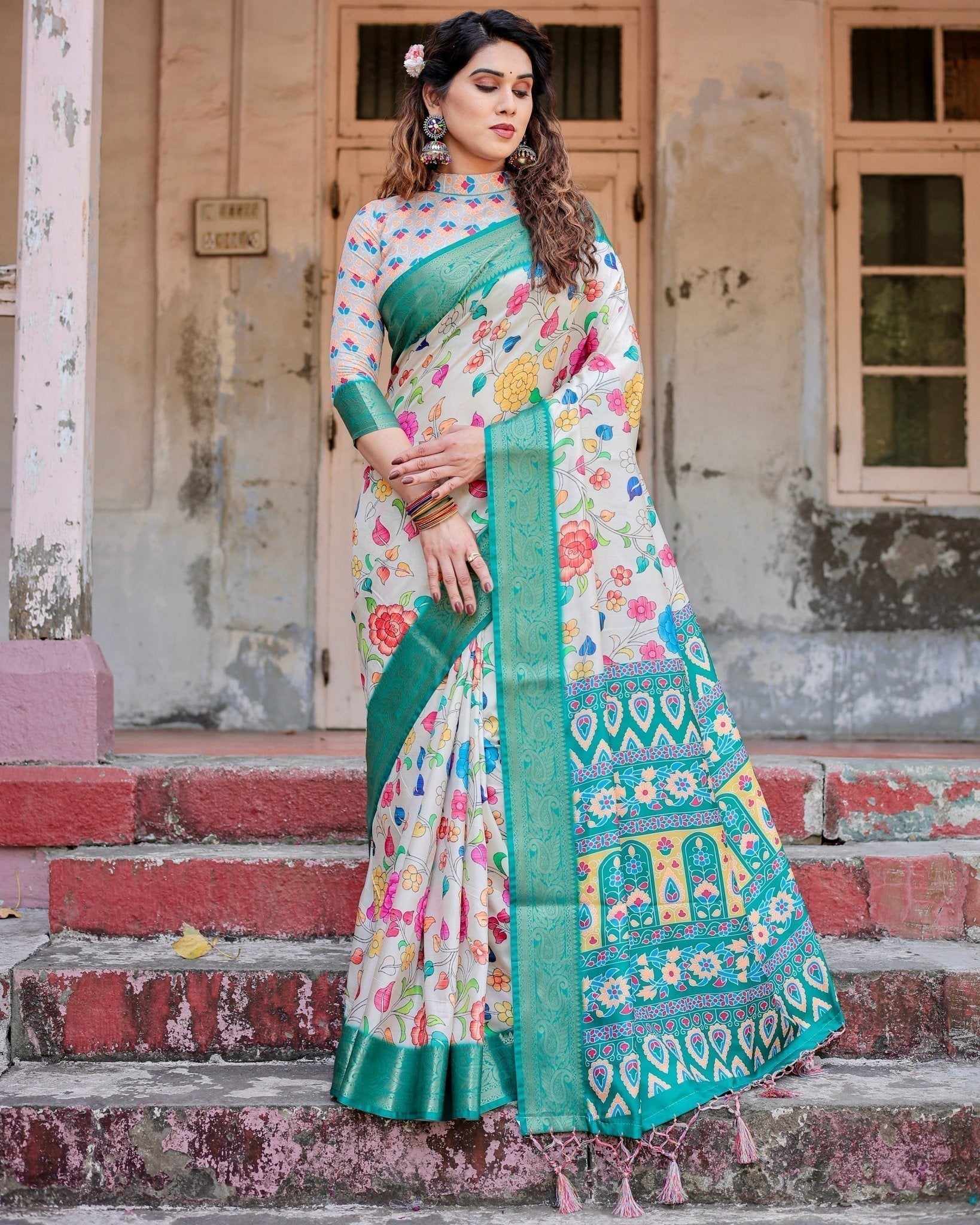 Pure Silk Digitally Printed Saree Weaved With Golden Zari Comes With Tassels - Fashion Dream Studio