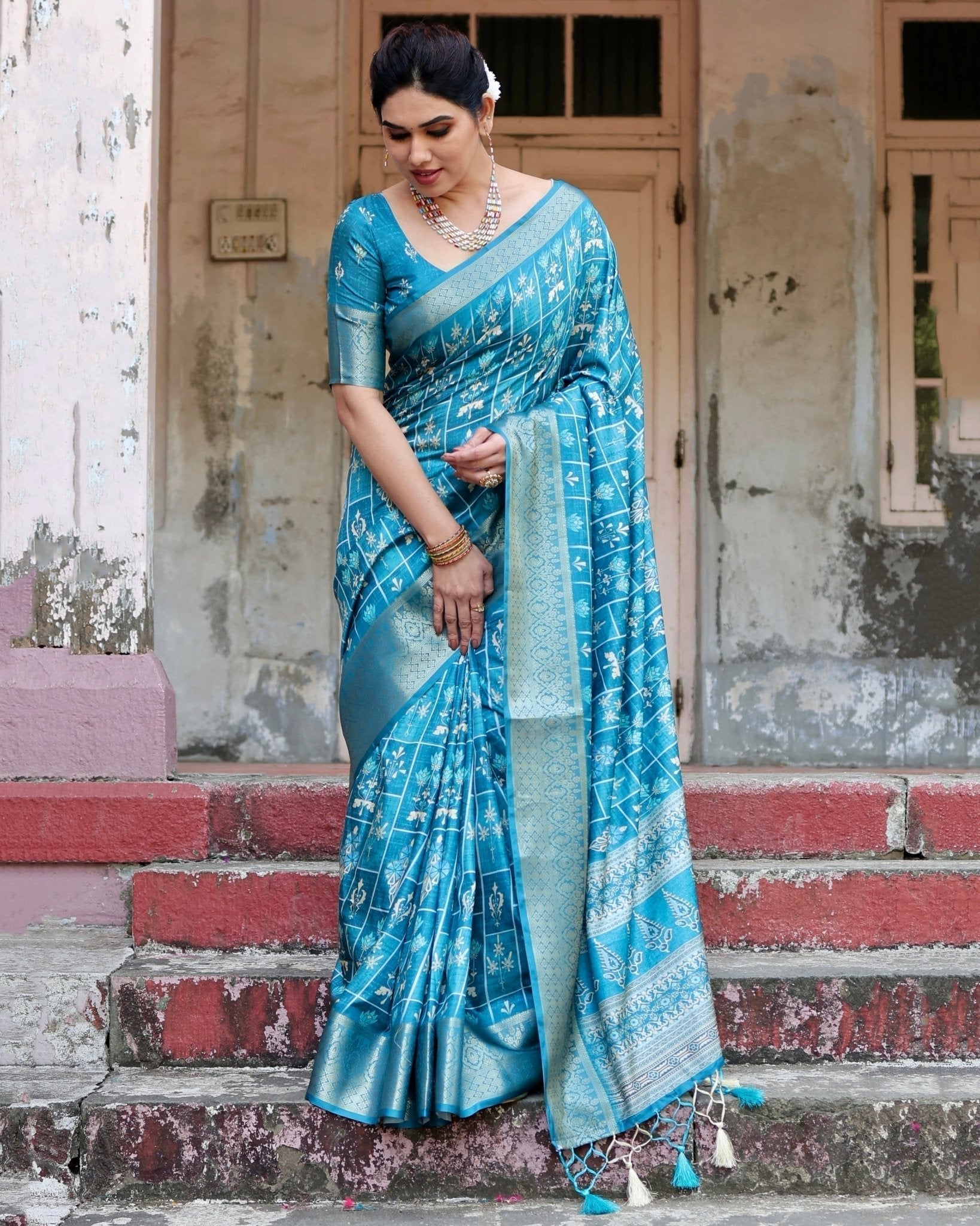 Pure Silk Digitally Printed Saree with Golden Zari and Tassels - Fashion Dream Studio