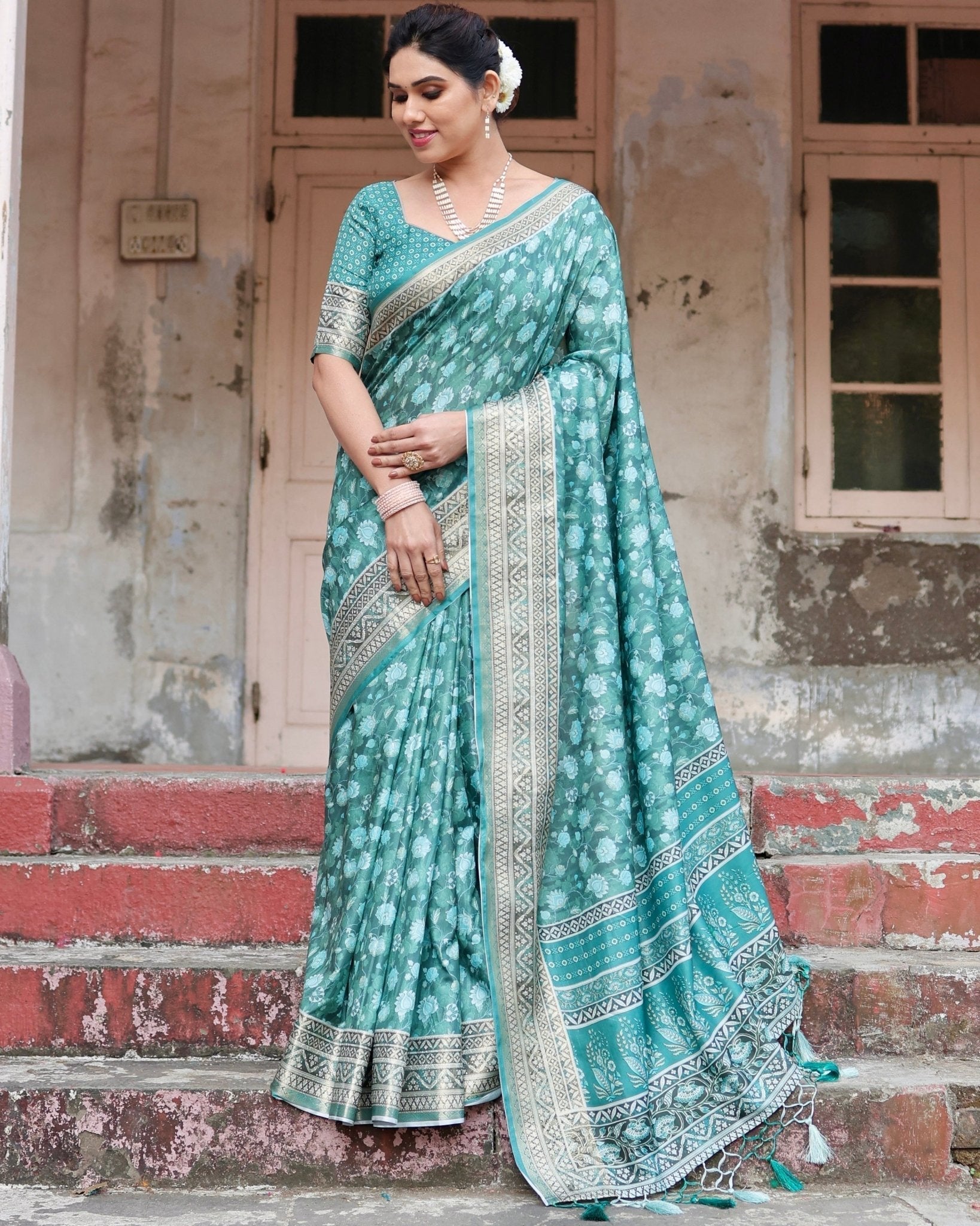 Teal Green Floral Pure Silk Digital Print Saree with Silver Border and Tassels