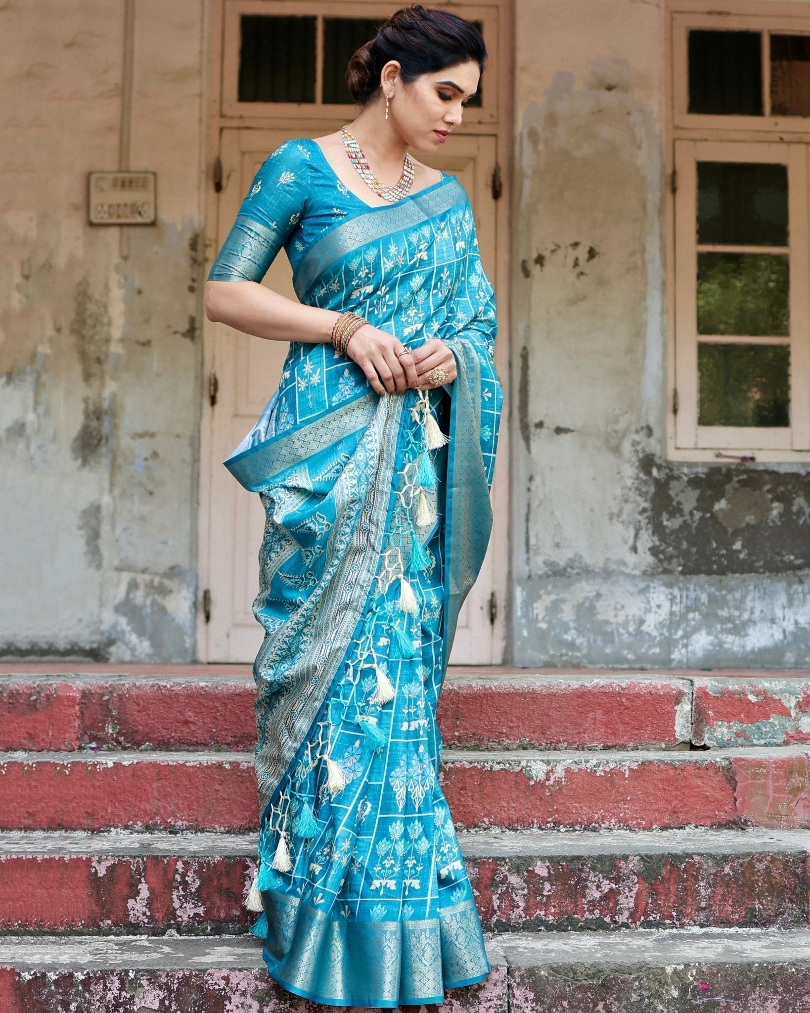 Pure Silk Digitally Printed Saree with Golden Zari and Tassels - Fashion Dream Studio