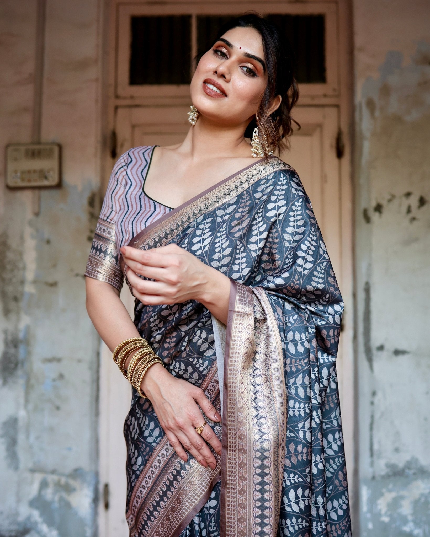 Pure Silk Digitally Printed Saree Weaved With Golden Zari Comes With Tassels