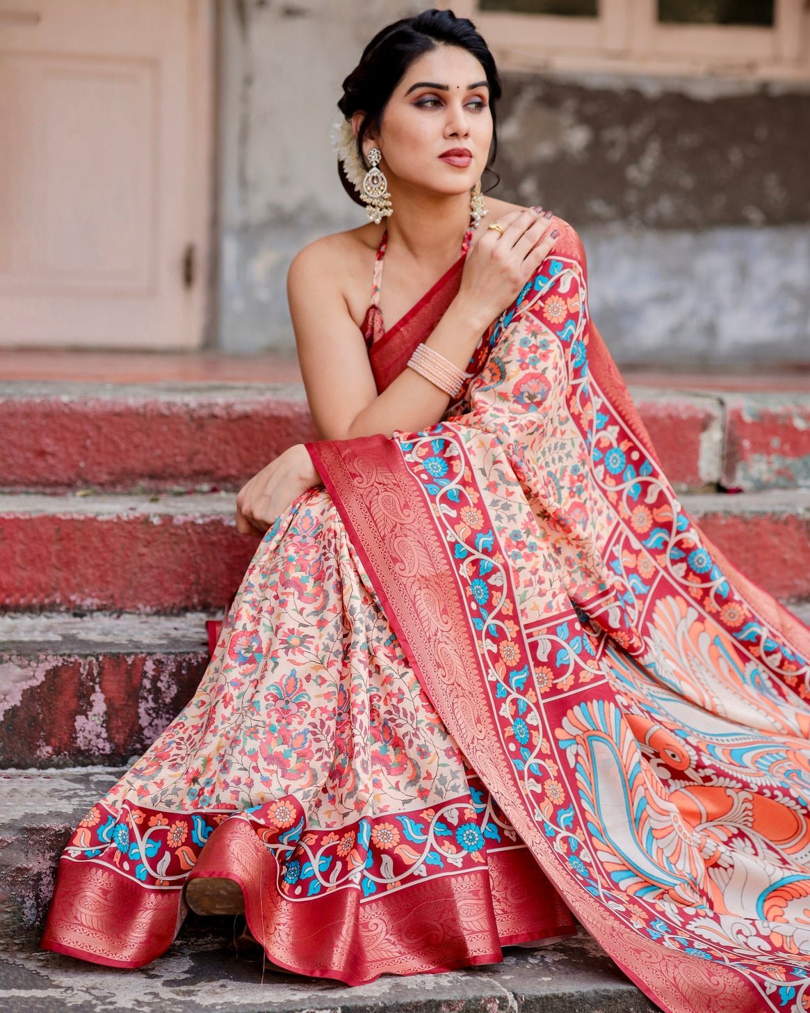 Pure Silk Digitally Printed Saree Weaved With Golden Zari Comes With Tassels - Fashion Dream Studio