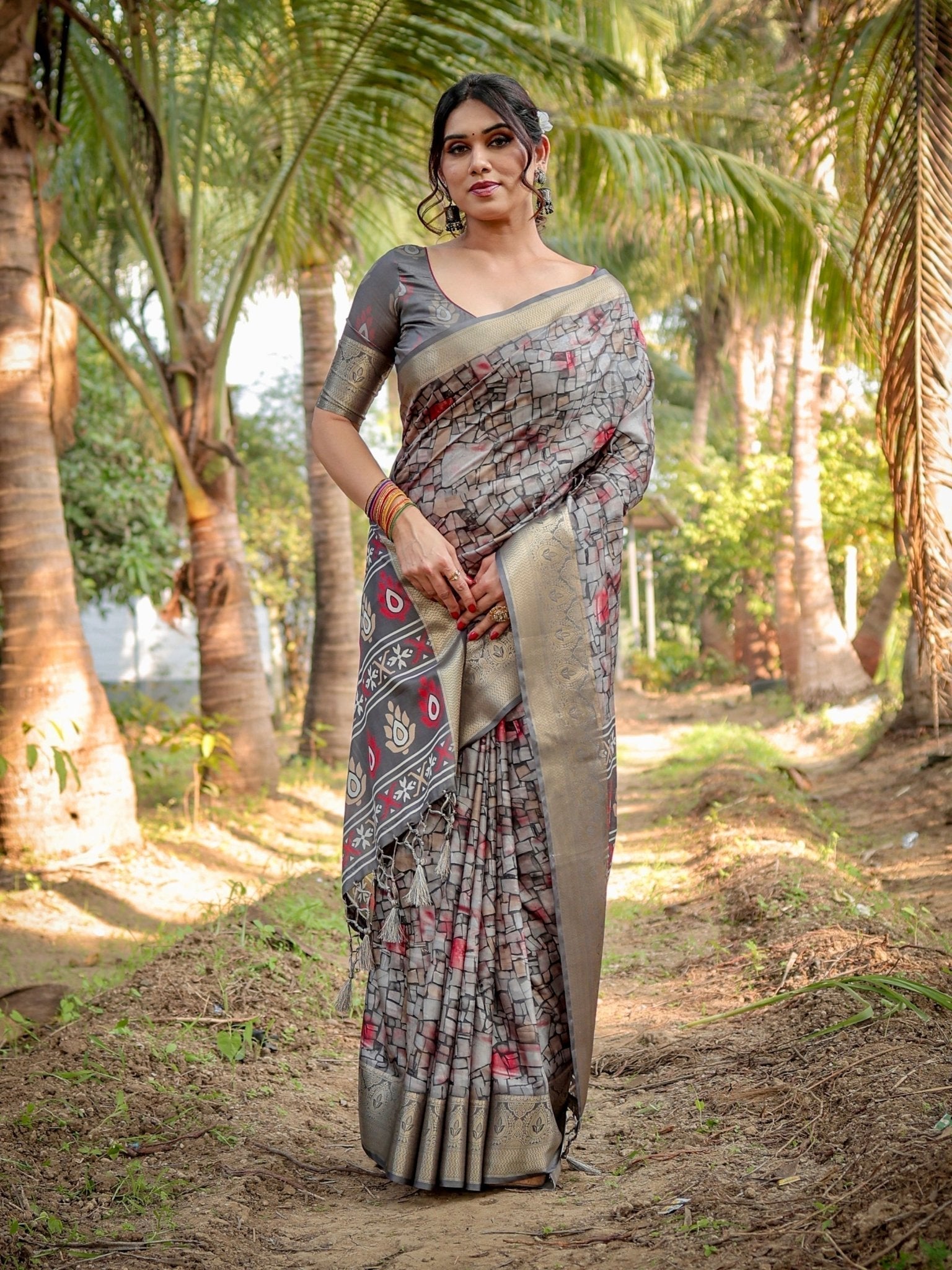 Pure Silk Digitally Printed Saree Weaved With Golden Zari Comes With Tassels - Fashion Dream Studio