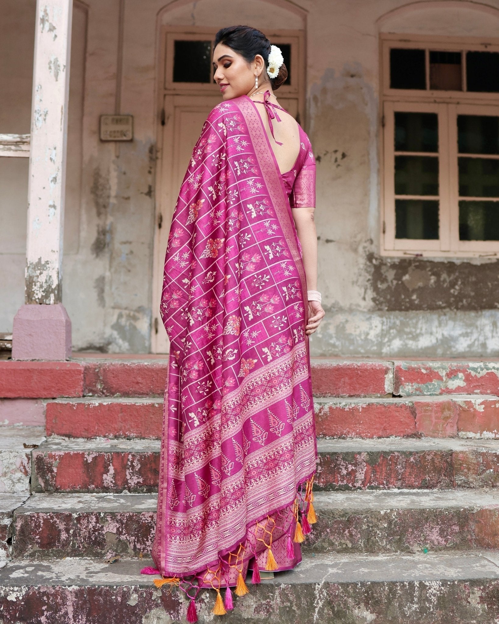 Pure Silk Digitally Printed Saree with Golden Zari and Tassels - Fashion Dream Studio