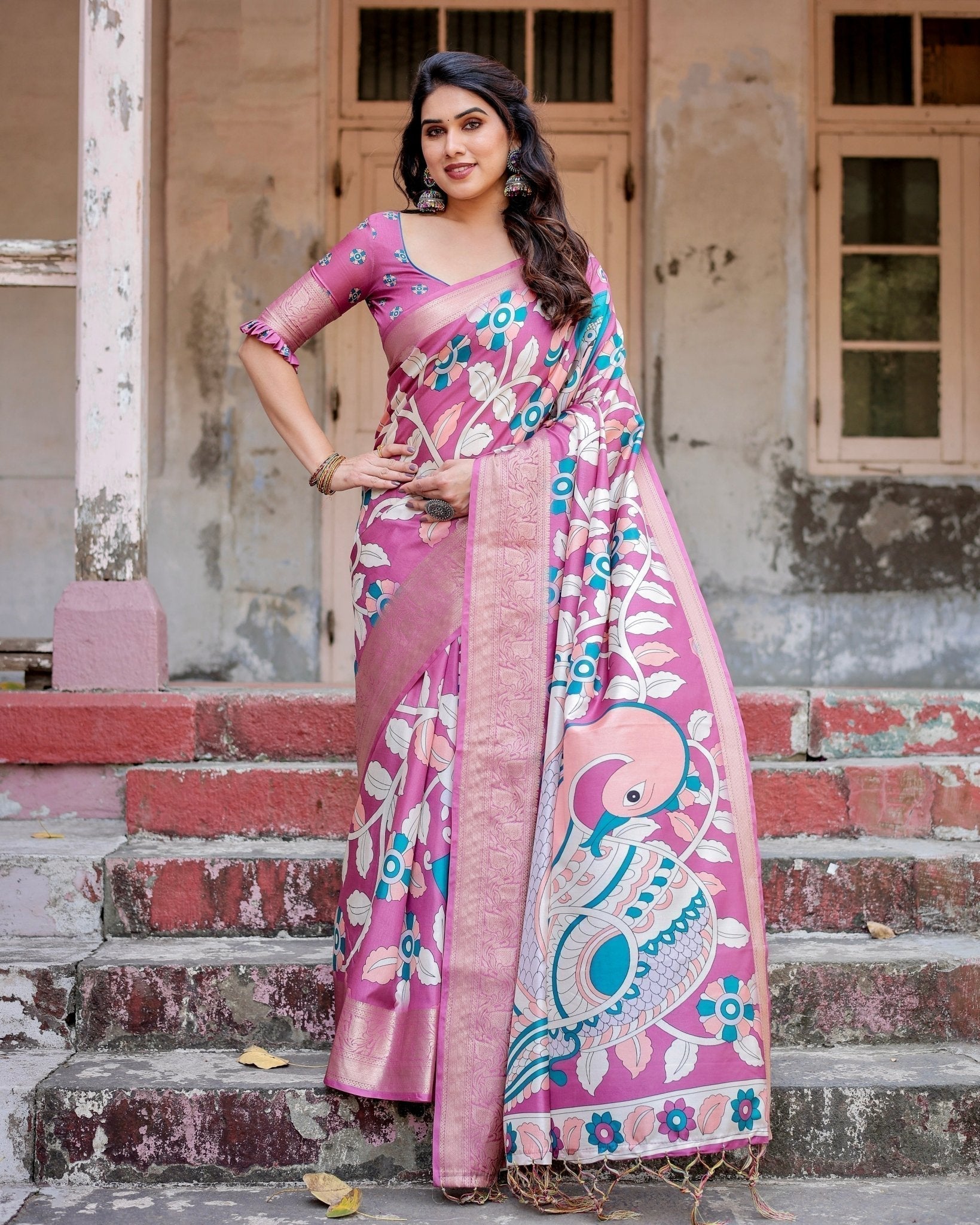 Pure Silk Digitally Printed Saree with Golden Zari and Tassels - Fashion Dream Studio