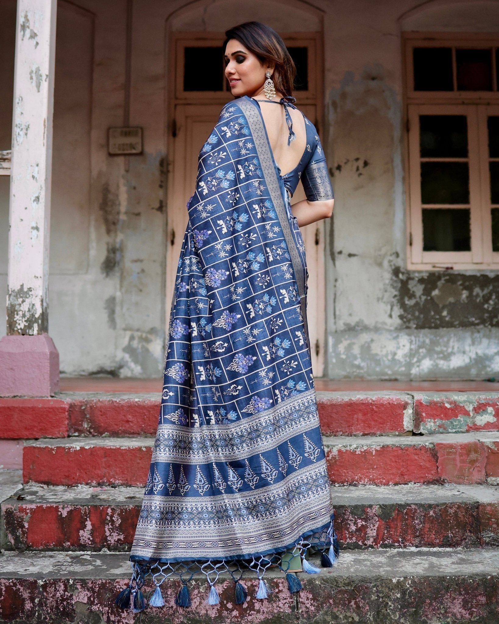 Pure Silk Digitally Printed Saree with Golden Zari and Tassels - Fashion Dream Studio