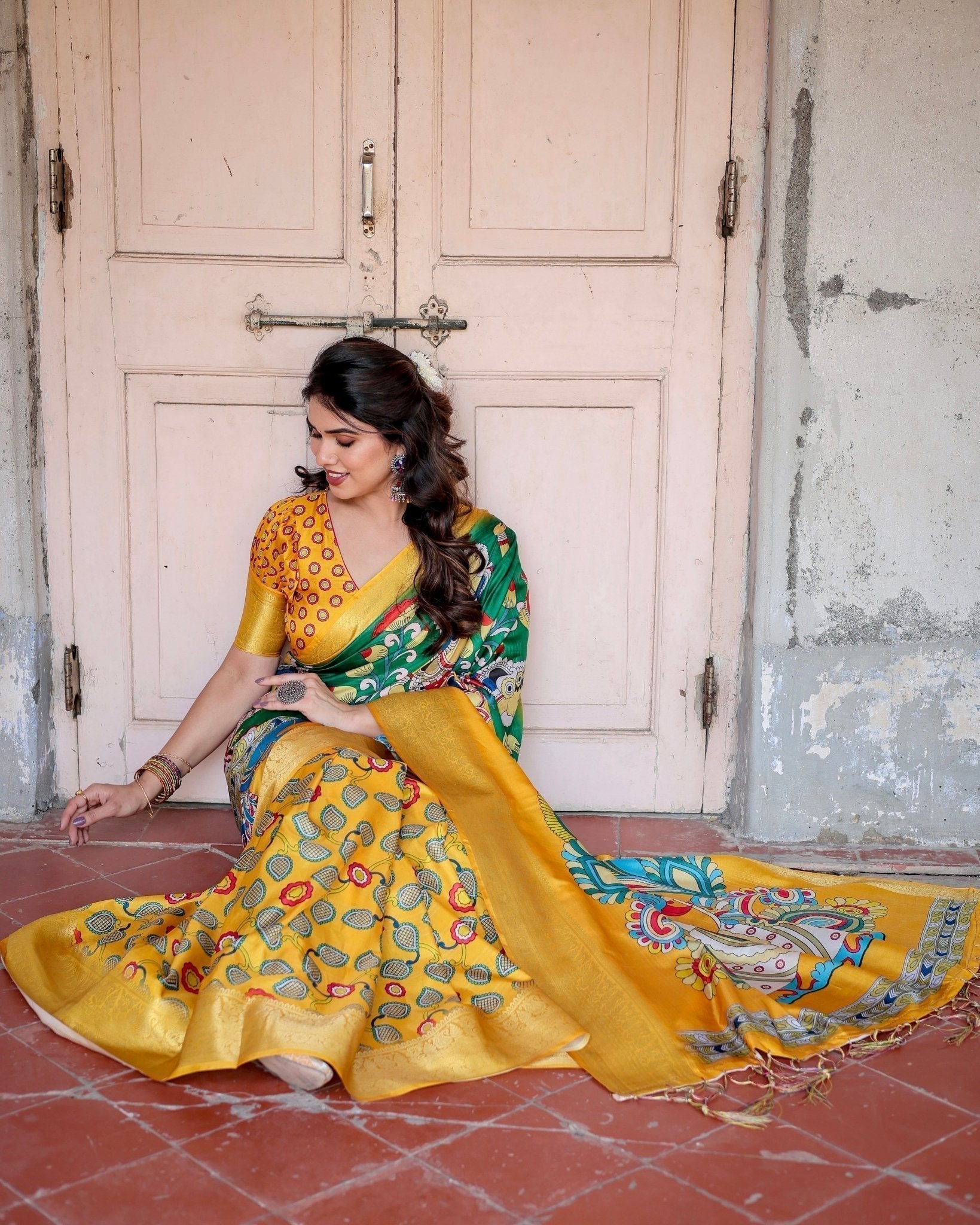 Pure Silk Digitally Printed Saree with Golden Zari and Tassels - Fashion Dream Studio