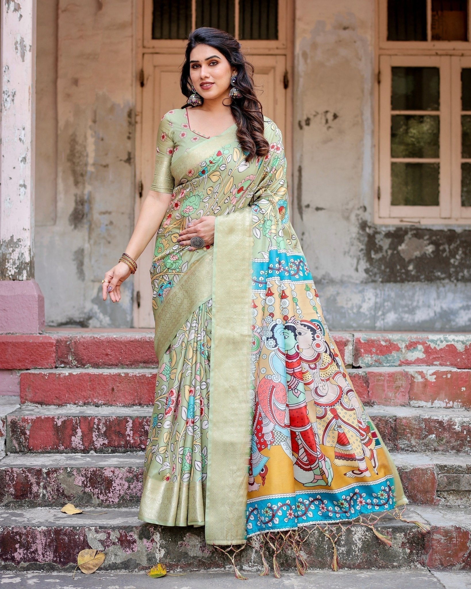 Pure Silk Digitally Printed Saree with Golden Zari and Tassels - Fashion Dream Studio