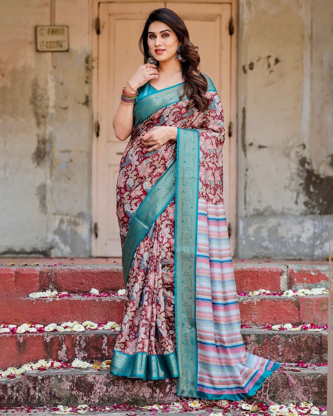 Pure Silk Digitally Printed Saree Weaved With Golden Zari Comes With Tassels