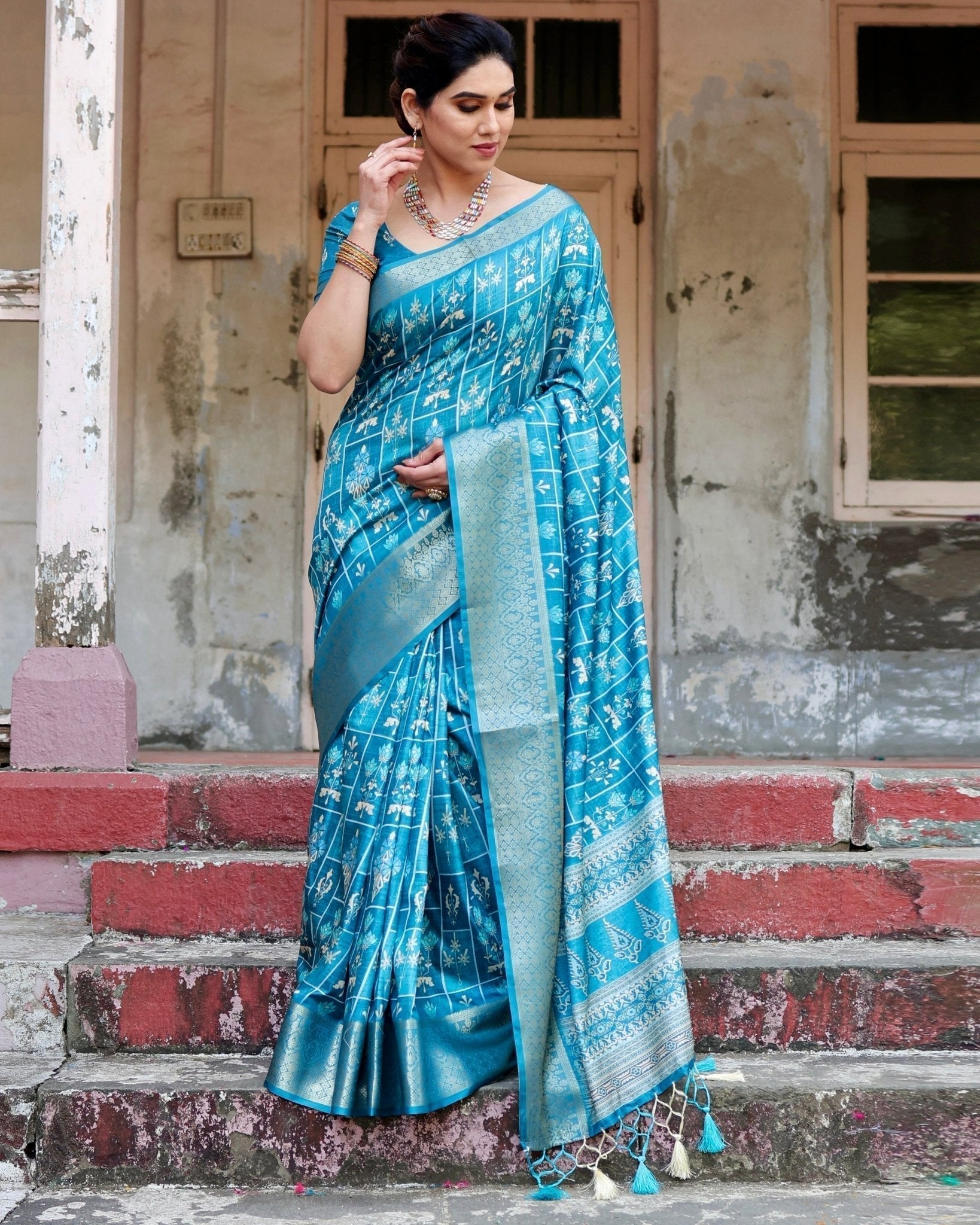 Pure Silk Digitally Printed Saree with Golden Zari and Tassels - Fashion Dream Studio