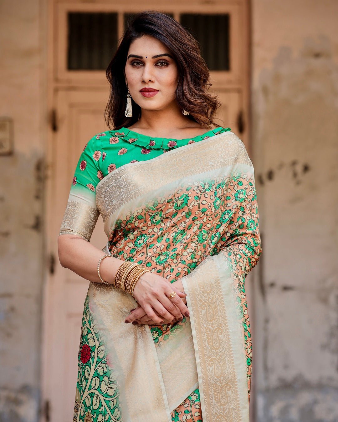 Pure Silk Digitally Printed Saree Weaved With Golden Zari Comes With Tassels - Fashion Dream Studio