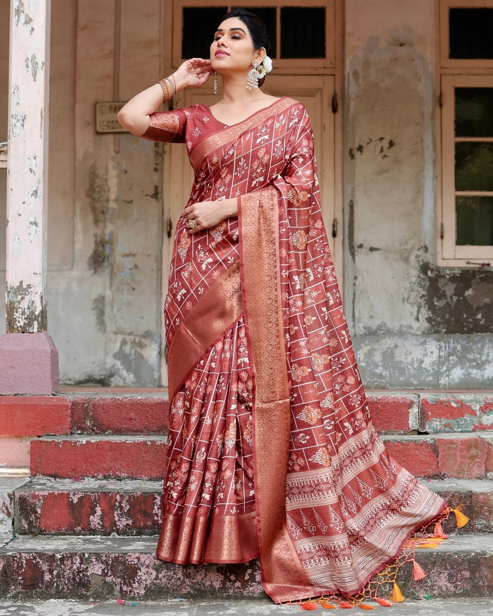 Pure Silk Digitally Printed Saree with Golden Zari and Tassels - Fashion Dream Studio