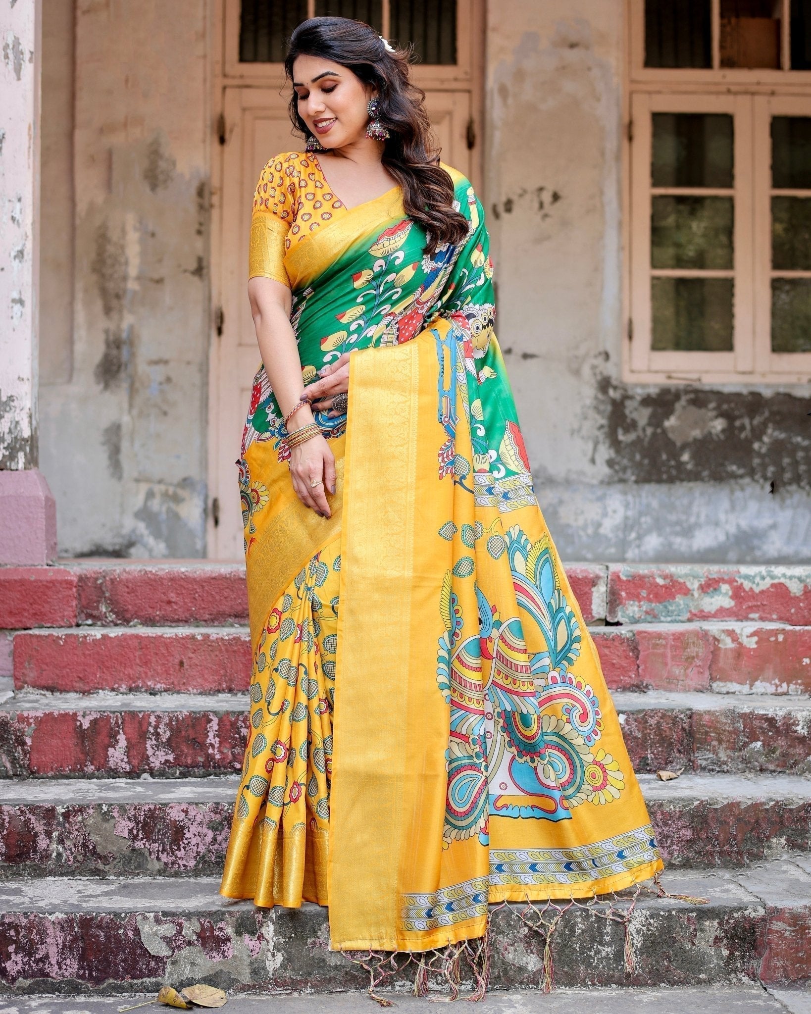 Pure Silk Digitally Printed Saree with Golden Zari and Tassels - Fashion Dream Studio