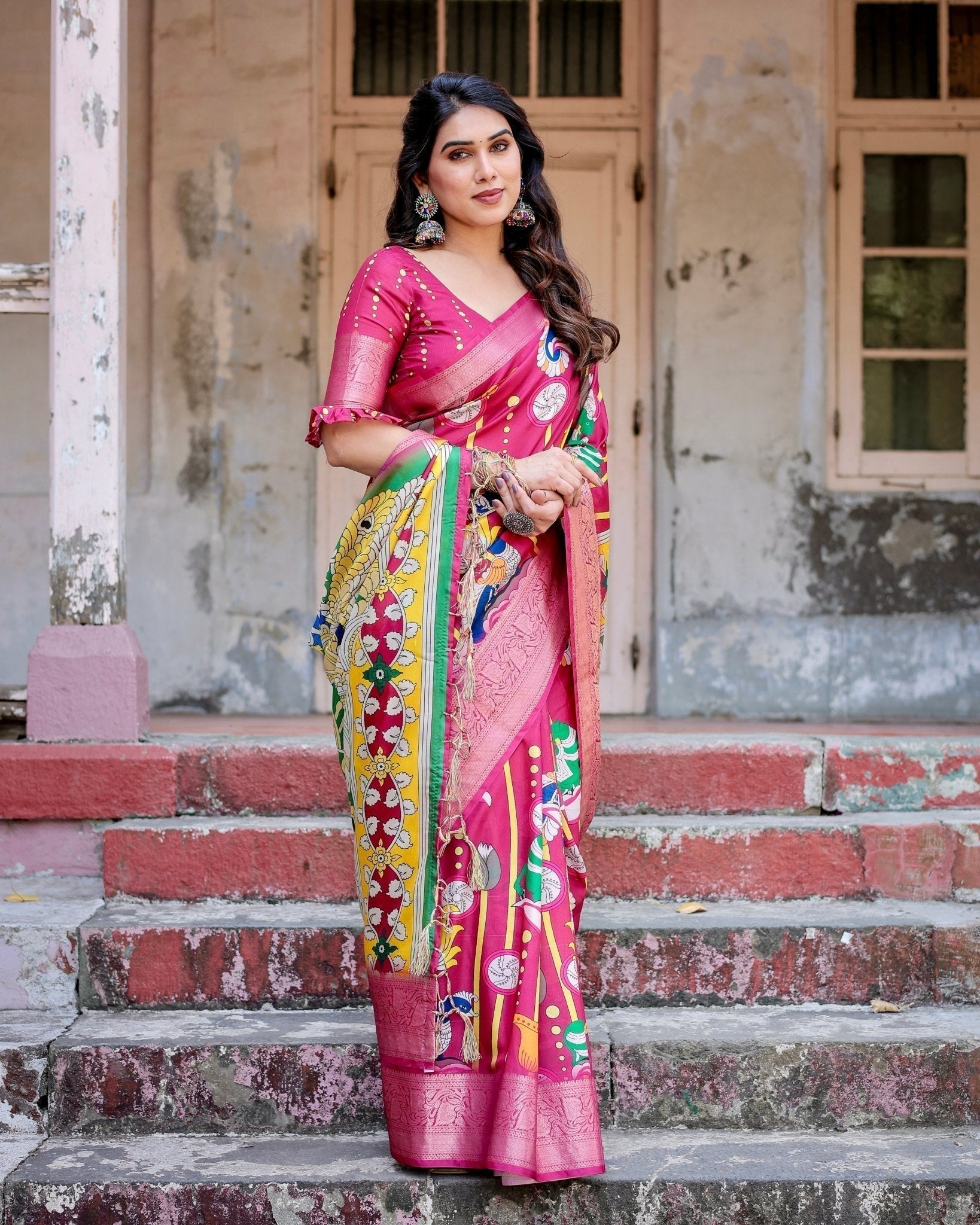 Pure Silk Digitally Printed Saree with Golden Zari and Tassels - Fashion Dream Studio