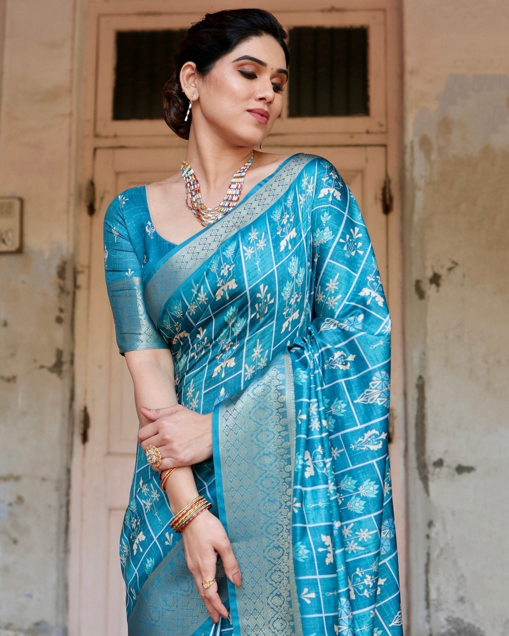 Pure Silk Digitally Printed Saree with Golden Zari and Tassels - Fashion Dream Studio