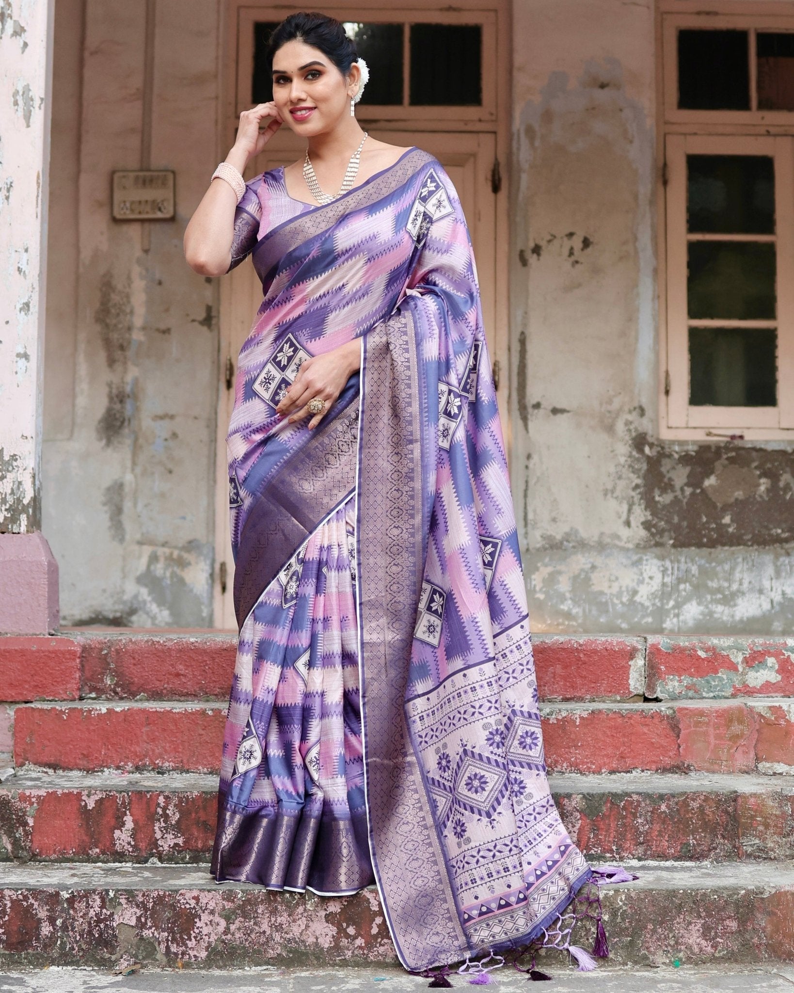 Purple and Pink Geometric Pure Silk Digital Print Saree with Gold Border and Tassels - Fashion Dream Studio