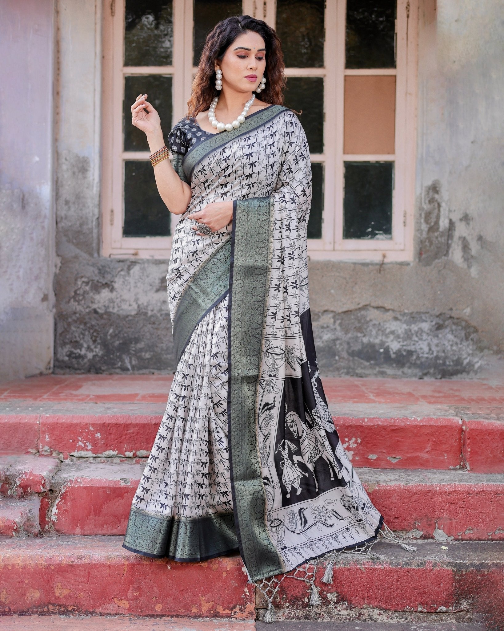 Pure Silk Digitally Printed Saree Weaved With Golden Zari Comes With Tassels - Fashion Dream Studio