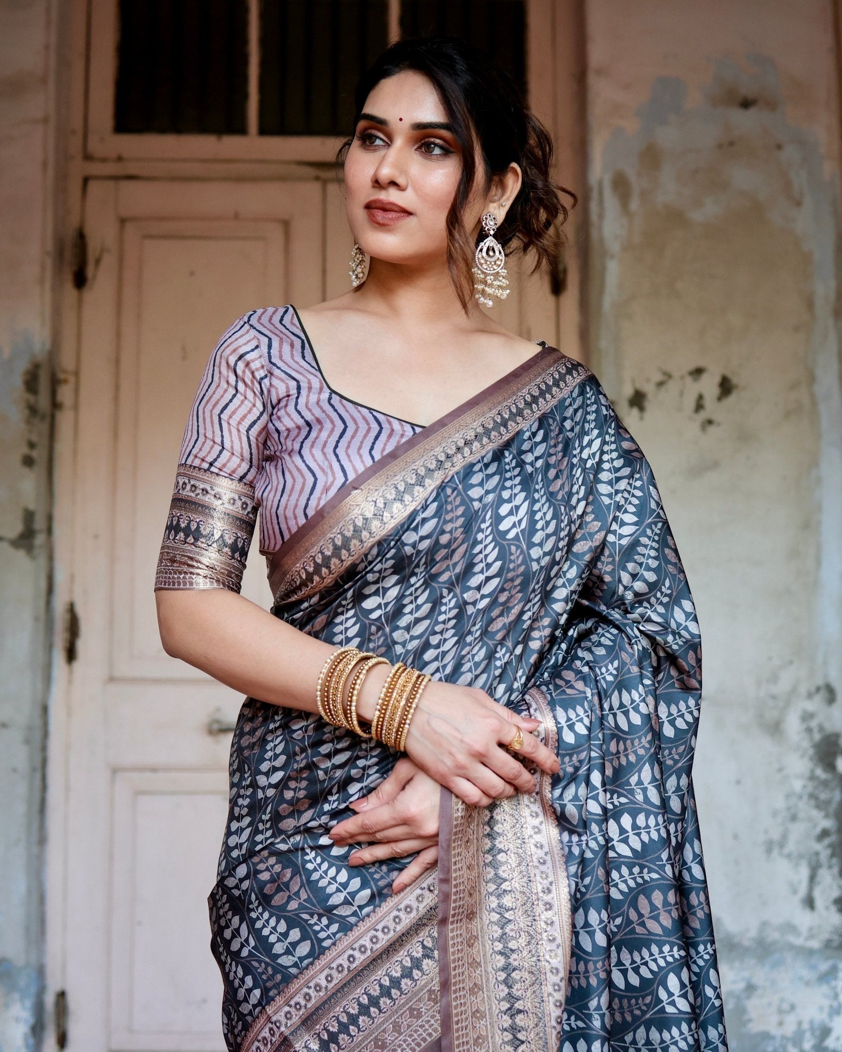 Pure Silk Digitally Printed Saree Weaved With Golden Zari Comes With Tassels