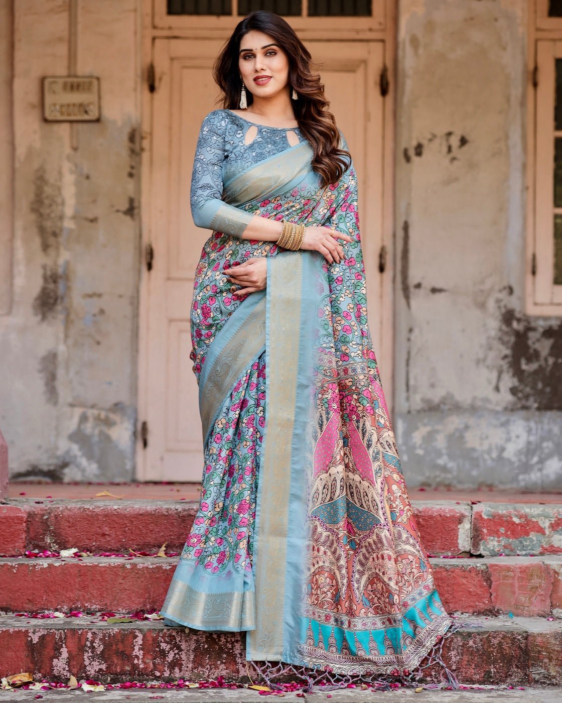 Pure Silk Digitally Printed Saree Weaved With Golden Zari Comes With Tassels