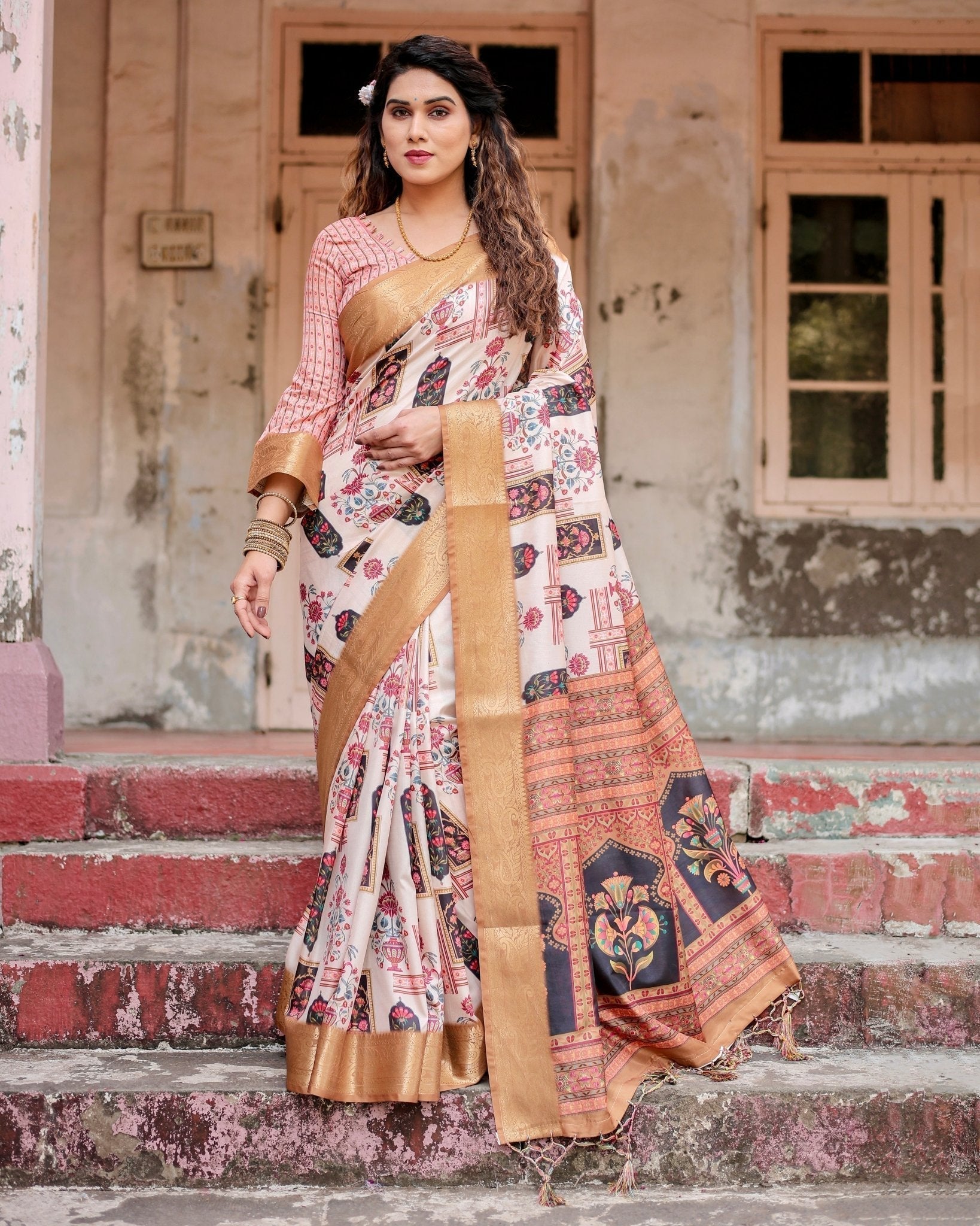 Pure Silk Digitally Printed Saree Weaved With Golden Zari Comes With Tassels