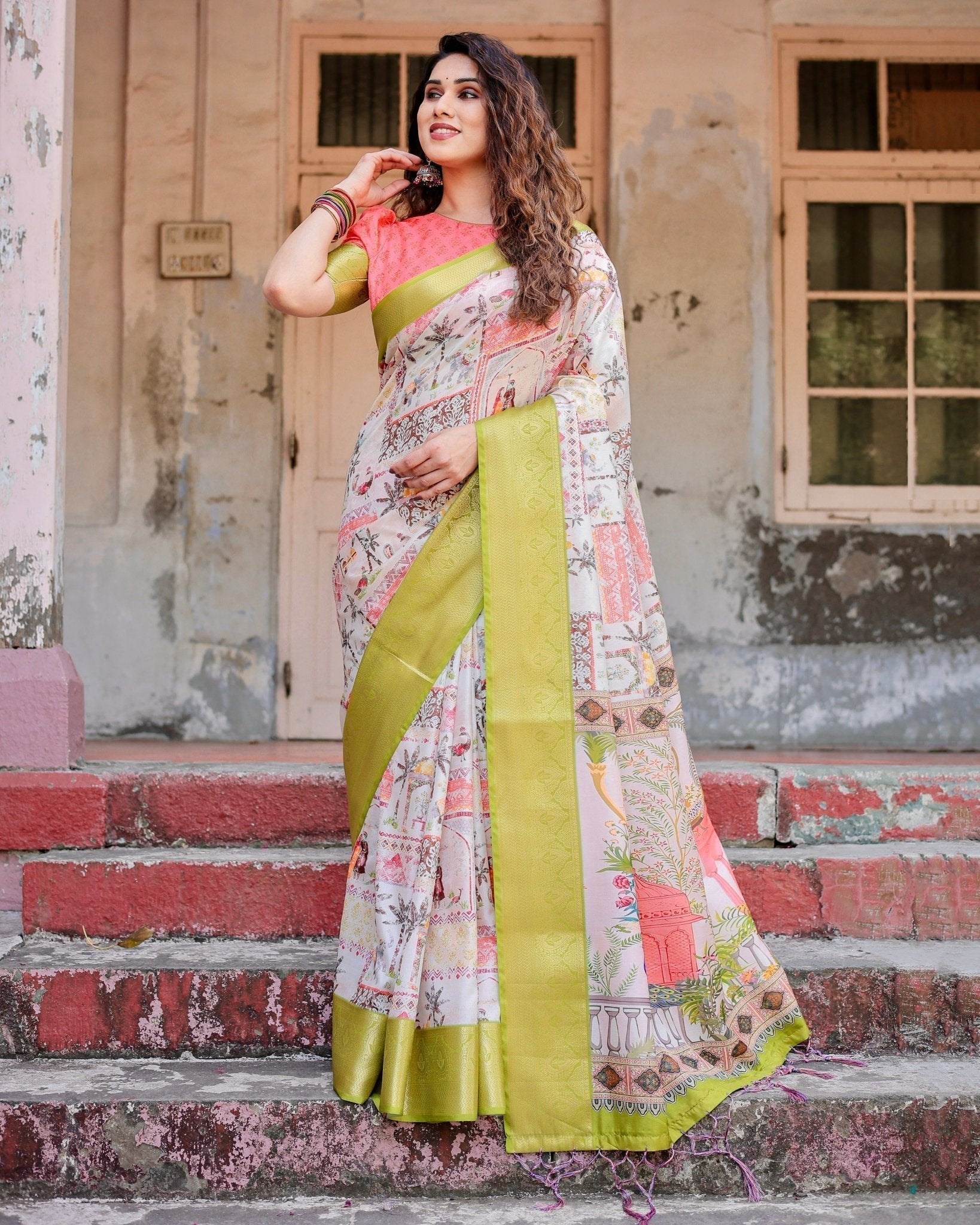 Pure Silk Digitally Printed Saree Weaved With Golden Zari Comes With Tassels - Fashion Dream Studio