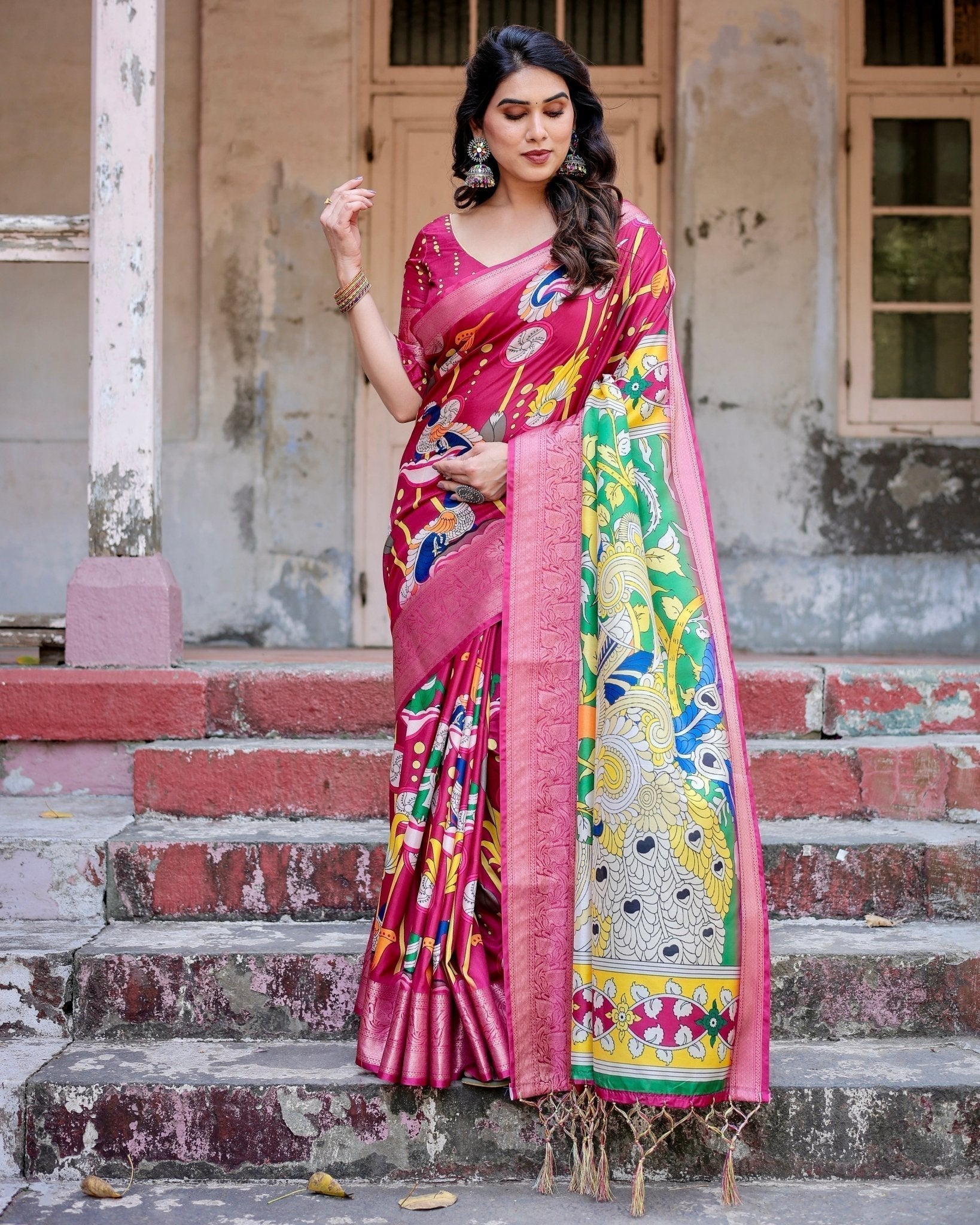 Pure Silk Digitally Printed Saree with Golden Zari and Tassels - Fashion Dream Studio