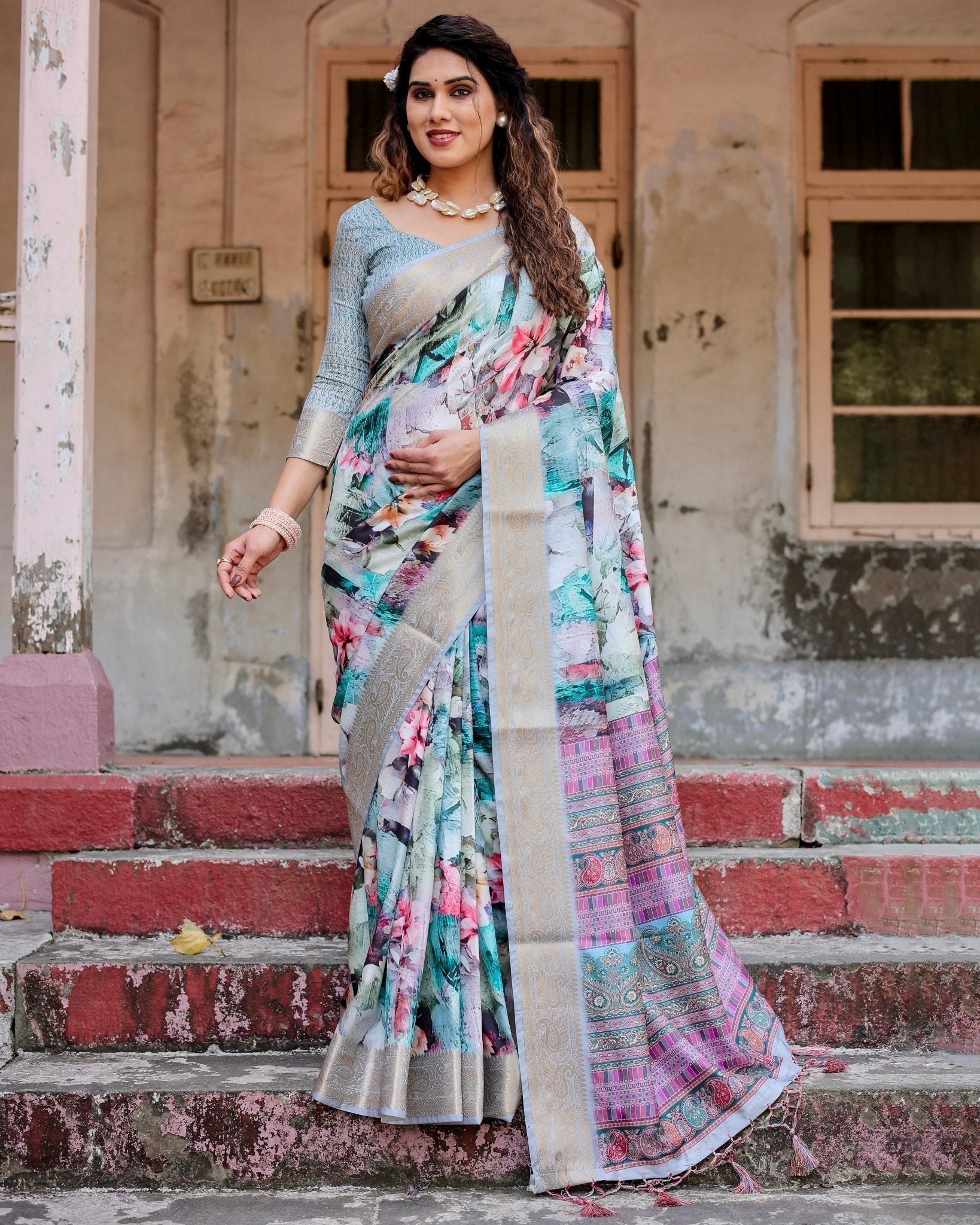 Pure Silk Digitally Printed Saree Weaved With Golden Zari Comes With Tassels