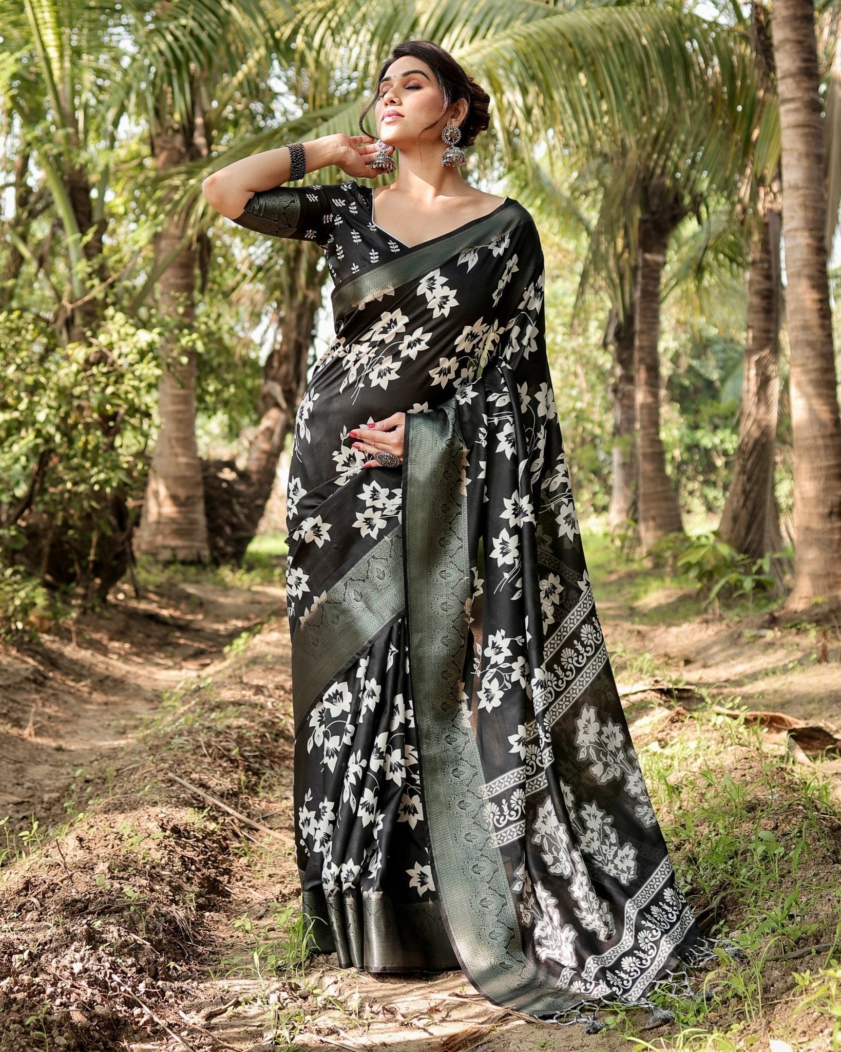 Pure Silk Digitally Printed Saree Weaved With Golden Zari Comes With Tassels - Fashion Dream Studio