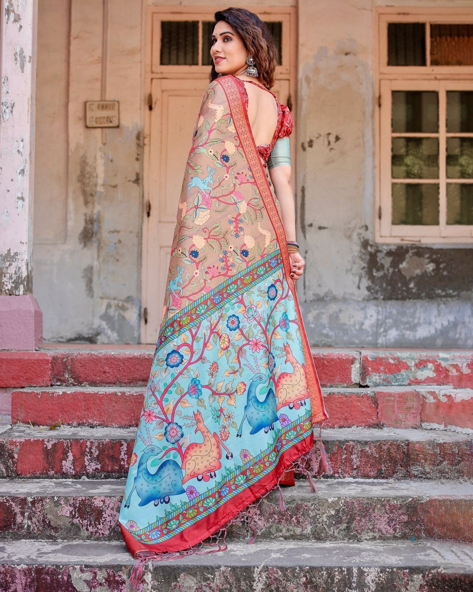 Pure Silk Digitally Printed Saree Weaved With Golden Zari Comes With Tassels - Fashion Dream Studio