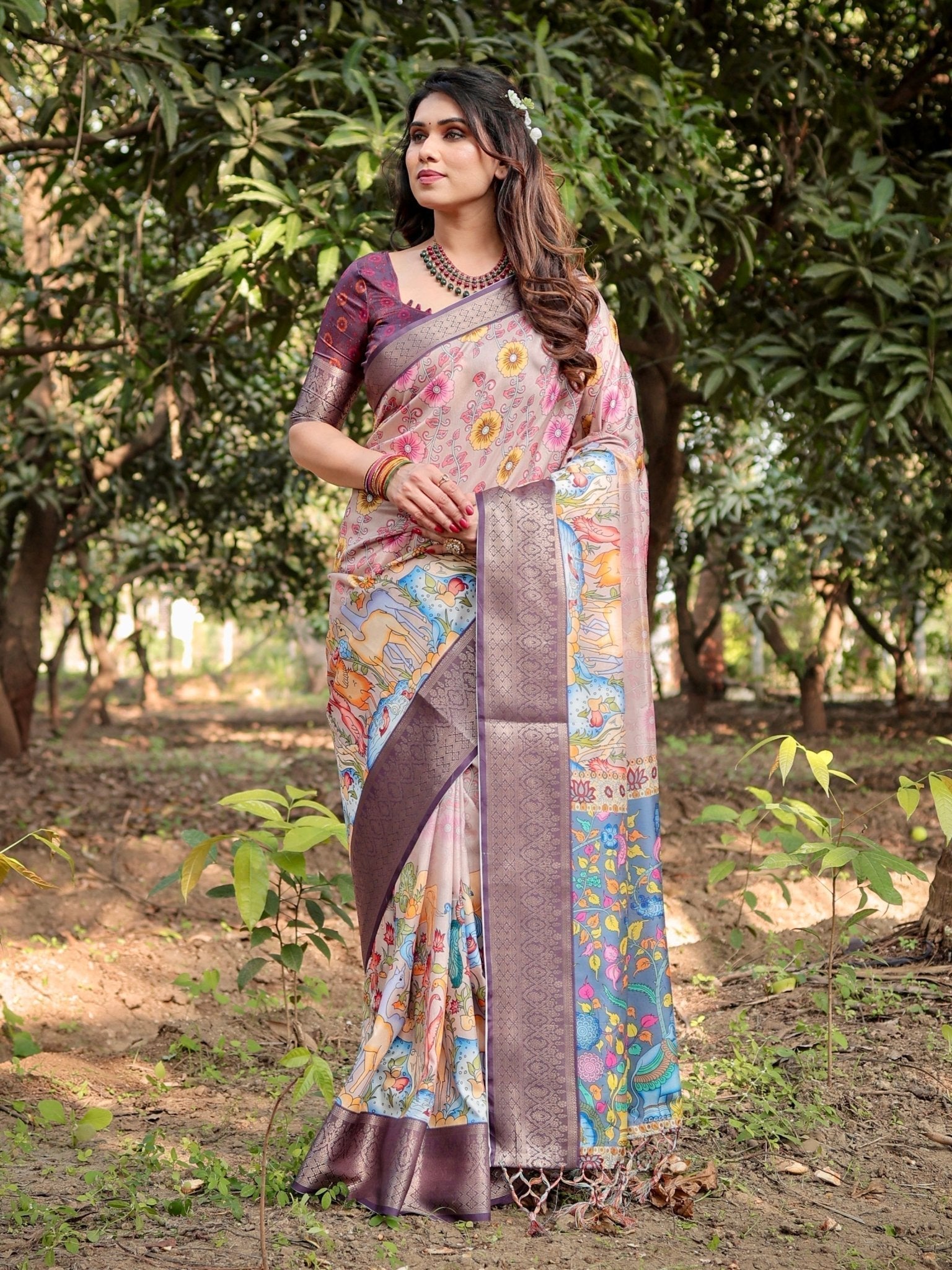 Pure Silk Digitally Printed Saree Weaved With Golden Zari Comes With Tassels