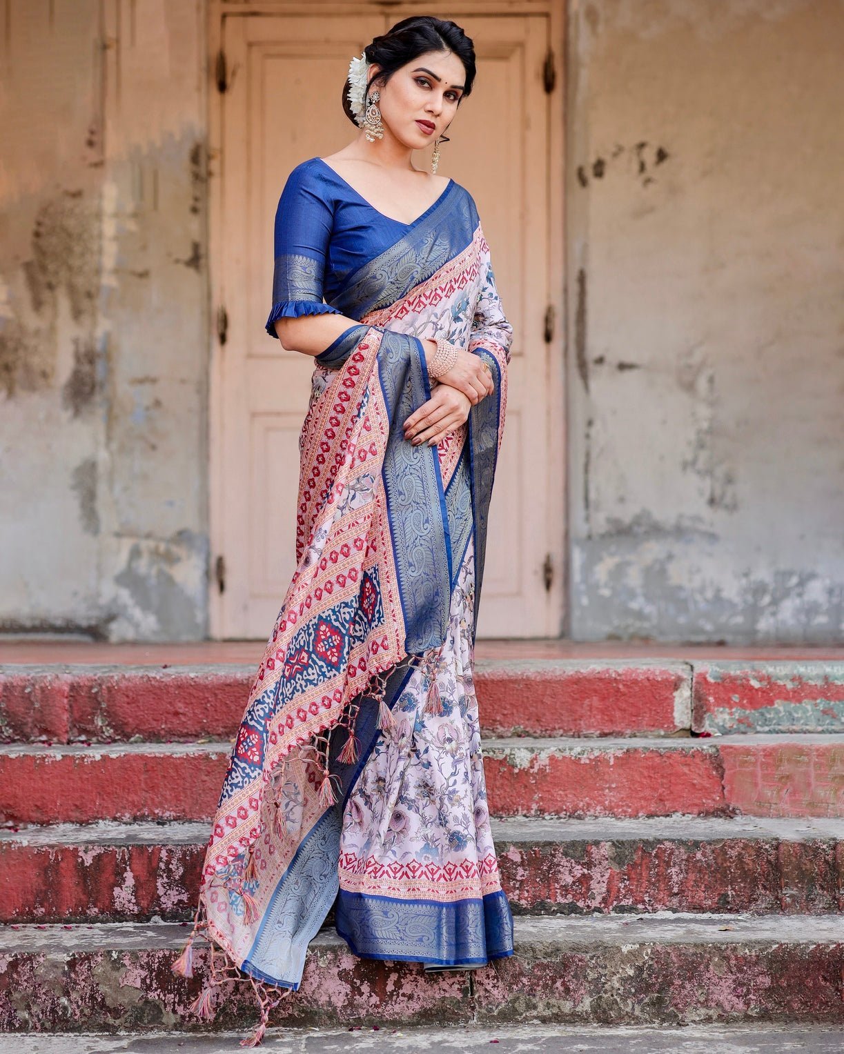 Pure Silk Digitally Printed Saree Weaved With Golden Zari Comes With Tassels