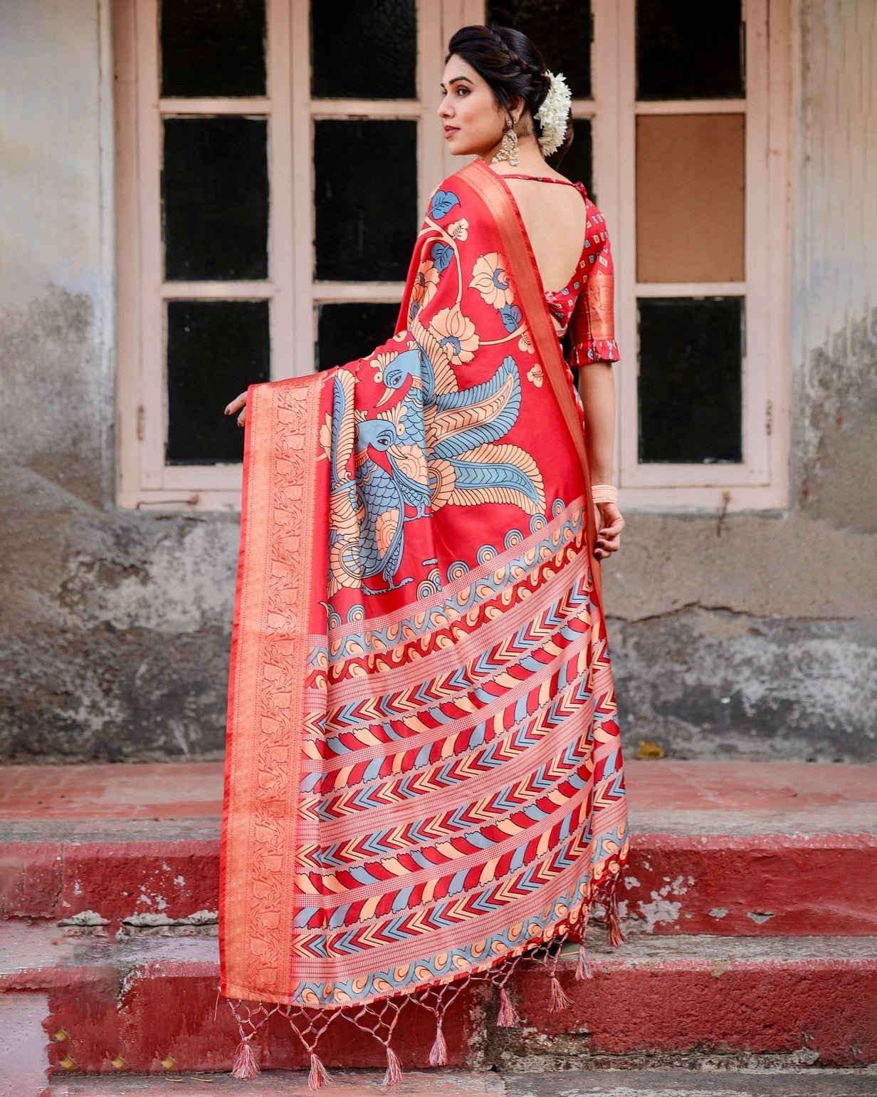 Pure Silk Digitally Printed Saree Weaved With Golden Zari Comes With Tassels - Fashion Dream Studio