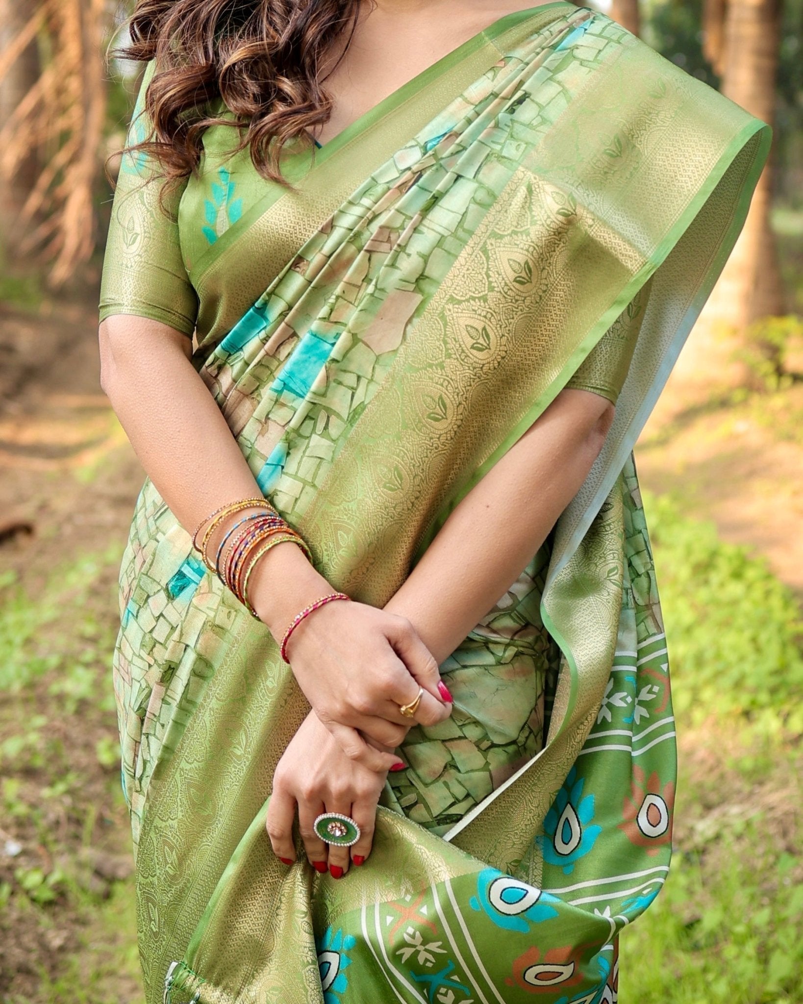 Pure Silk Digitally Printed Saree Weaved With Golden Zari Comes With Tassels