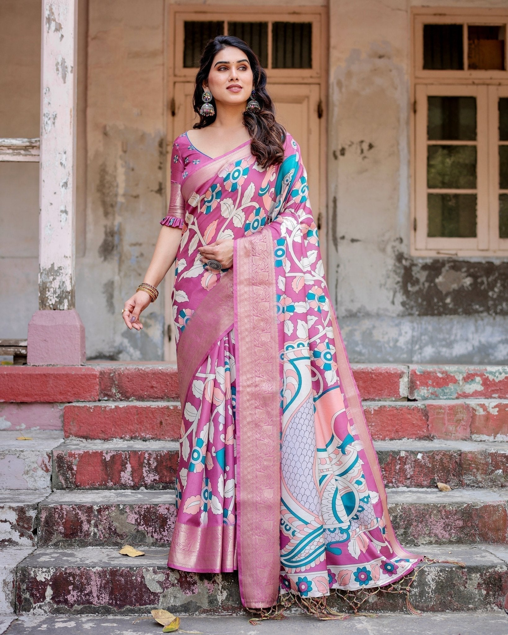 Pure Silk Digitally Printed Saree with Golden Zari and Tassels - Fashion Dream Studio