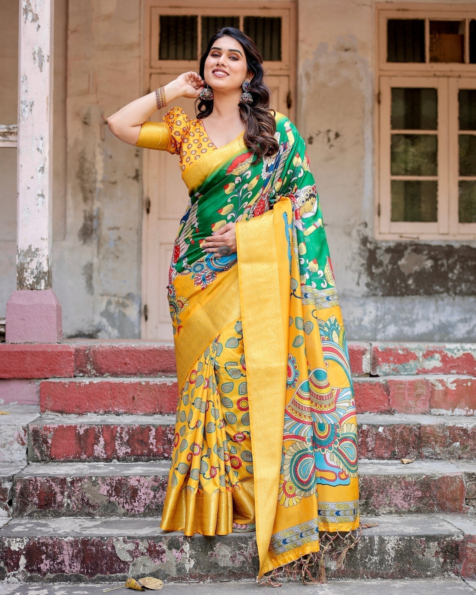 Pure Silk Digitally Printed Saree with Golden Zari and Tassels - Fashion Dream Studio